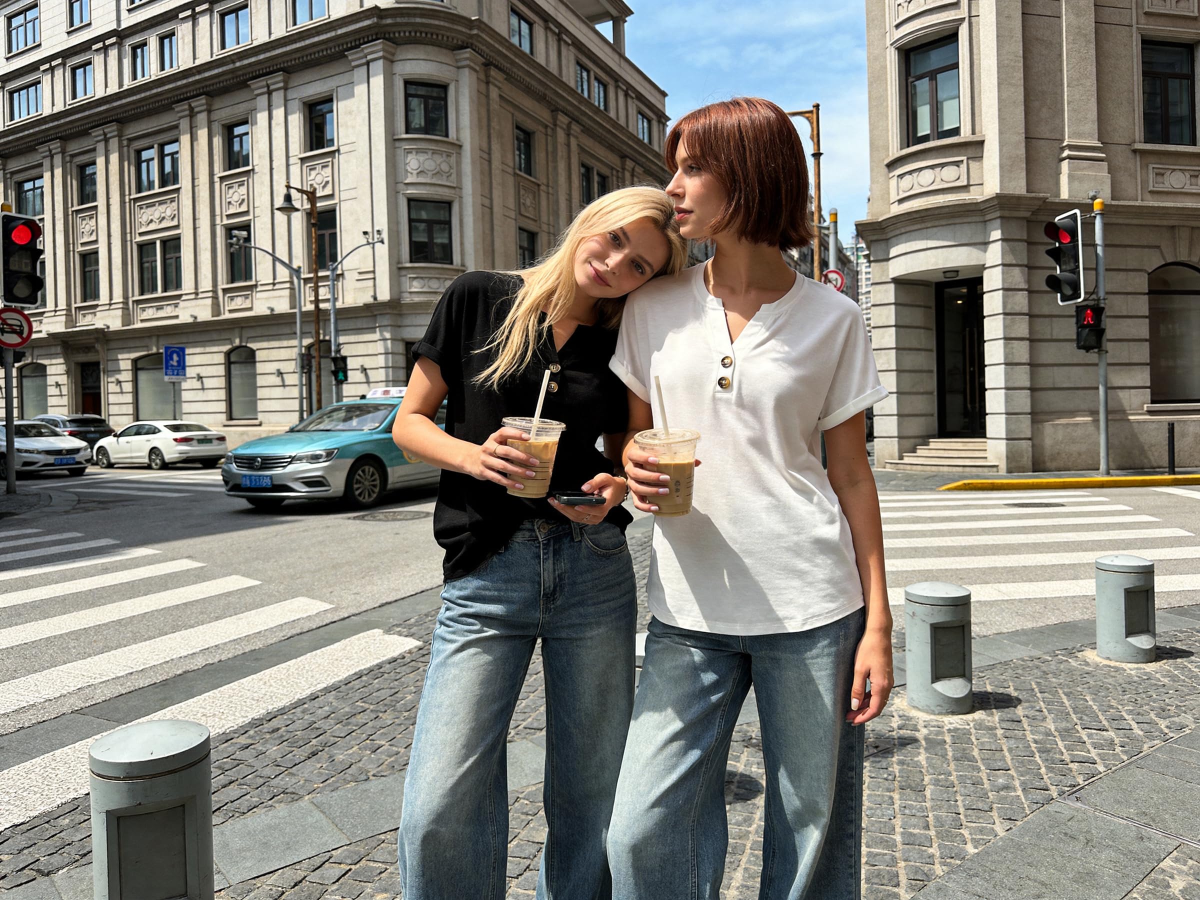 Litherday Camiseta para Mujer de Manga Corta con Escote en V y Detalle de Botones Blusa Casual Camiseta Básica Suelta para el Verano
