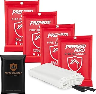 Prepared Hero Emergency Fire Blanket - 4 Pack - Fire Suppression Blanket for Kitchen, 40” x 40” Fire Blanket for Home, Fib...