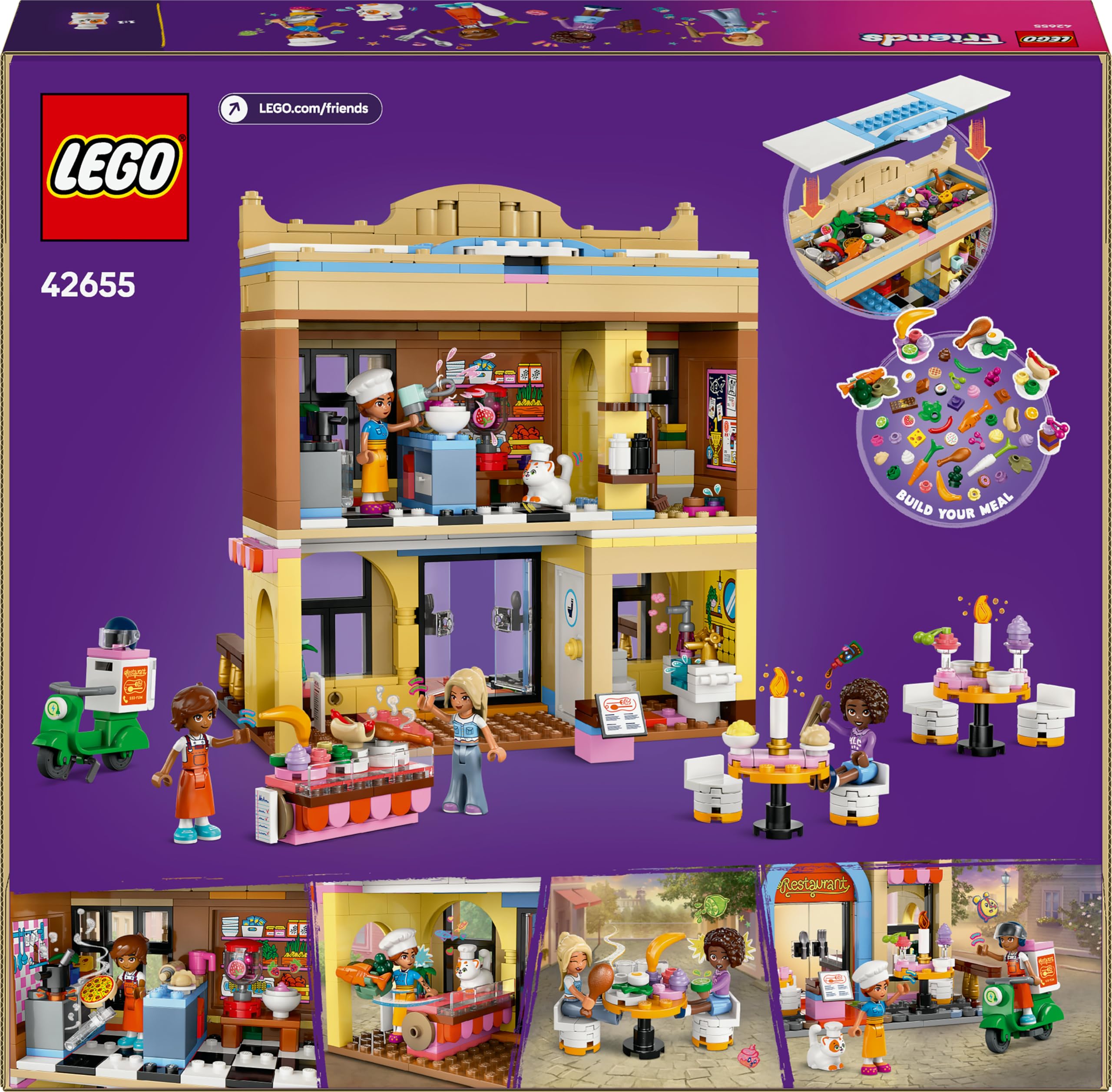 LEGO Friends Restaurant und Kochschule, Spielset für Rollenspiele, Lernspielzeug für Kinder ab 8 Jahren, fördert soziale Entwicklung, Geschenk zum Geburtstag oder zu Weihnachten für Mädchen 42655