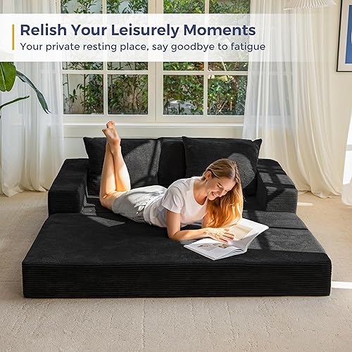 Miniatura 9 de MAXYOYO Sofá cama biplaza, sofá plegable 4 en 1, sofá de piso en una caja con 2 portavasos, sofá convertible sin hueso, silla reclinable plegable