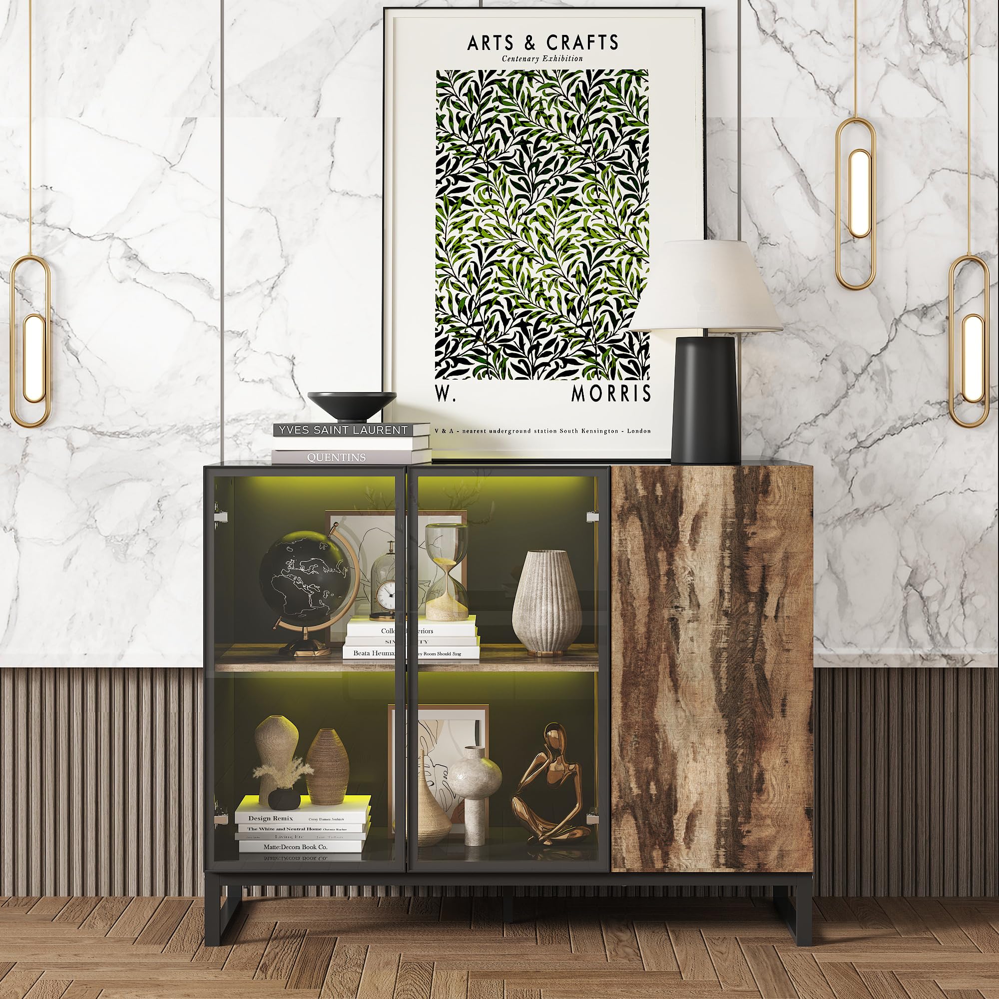 DEZAGCE Sideboard with LED Lights, Storage Cabinet Featuring 2 Glass & 1 Wood Door,Display Cabinet with Open Compartment for Living Room Dining Room, Black — image 1