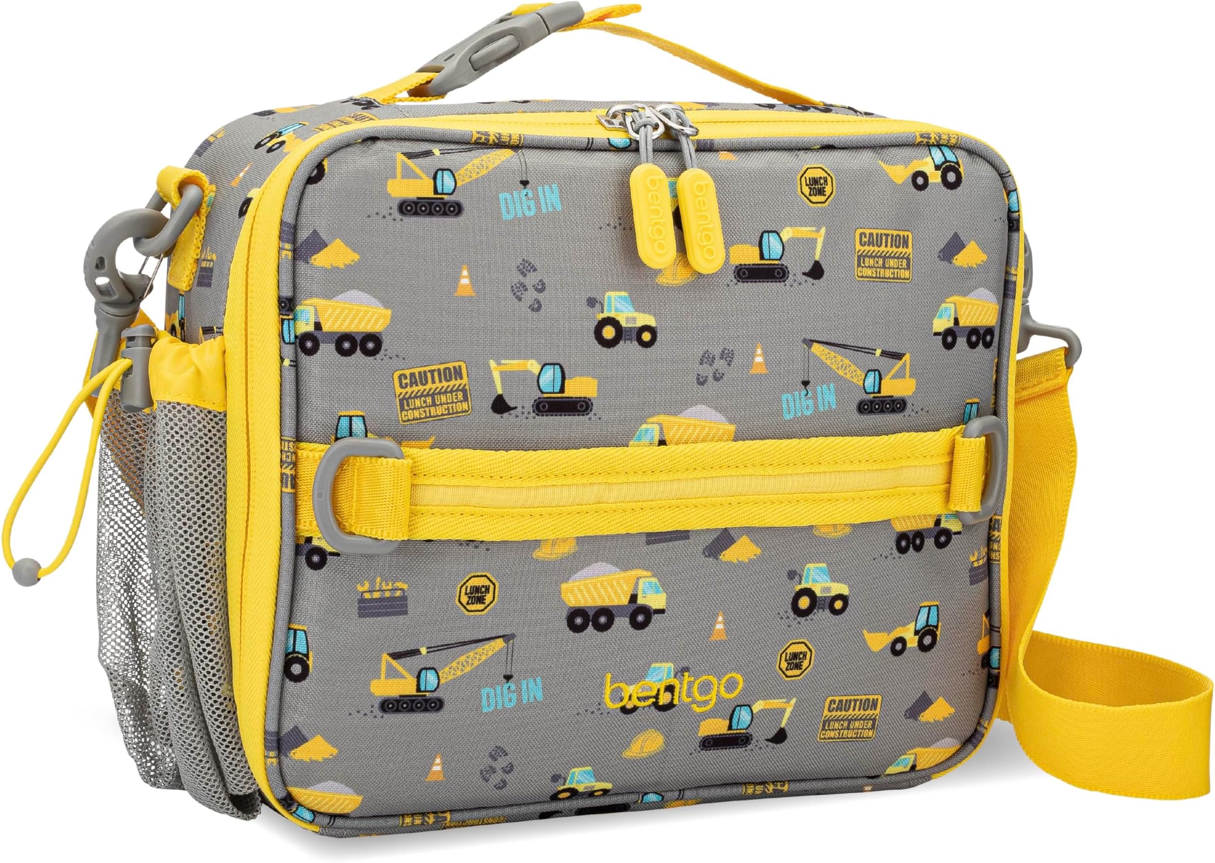 Bentgo Kids Lunch Bag - Durable, Double Insulated, Water-Resistant Fabric, Interior & Exterior Zippered Pockets, Water Bottle Holder - Ideal for Children 3+ (Construction Trucks)