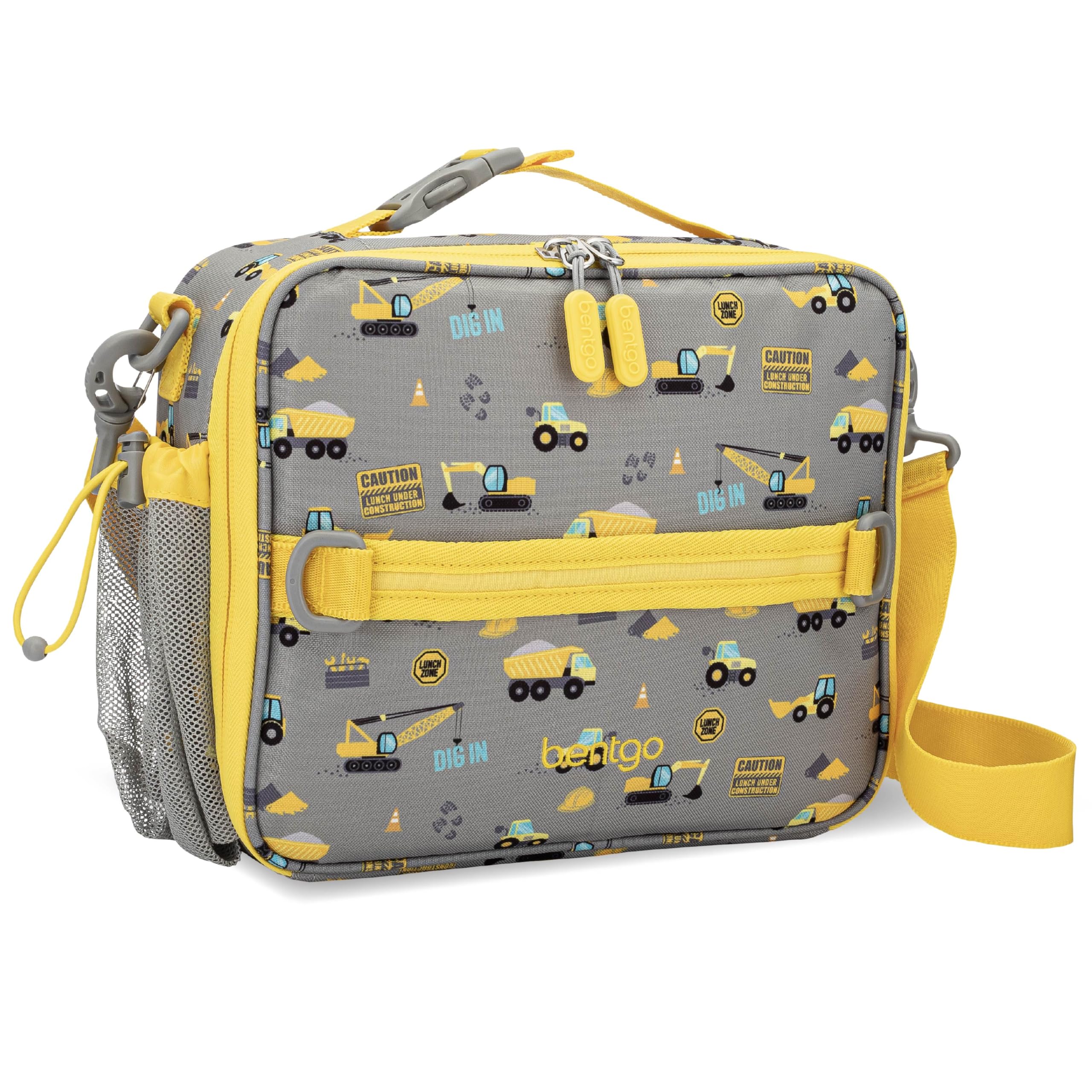 Bentgo Kids Lunch Bag - Durable, Double-Insulated Lunch Bag for Kids 3+; Holds Lunch Box, Water Bottle, & Snacks; Easy-Clean Water-Resistant Fabric & Multiple Zippered Pockets (Construction Trucks)