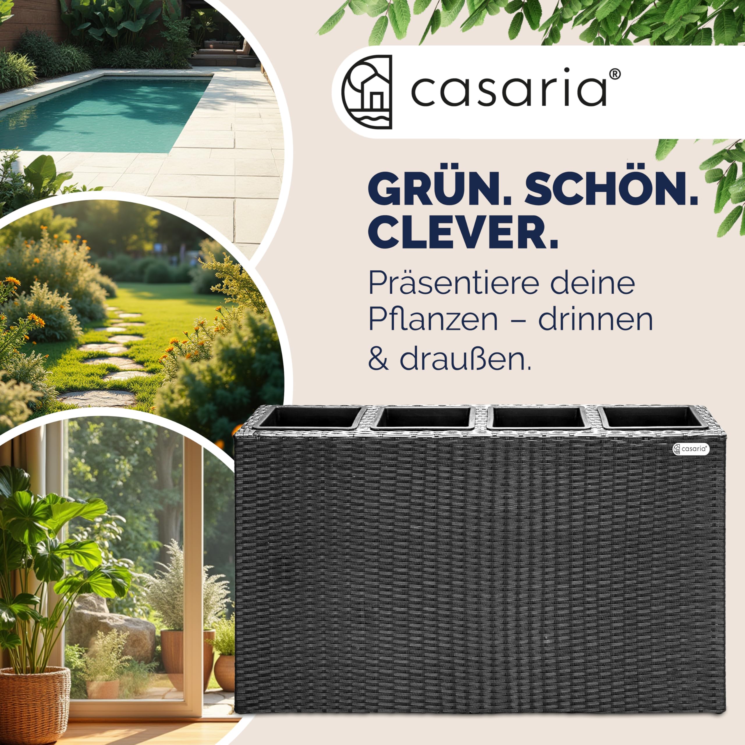 Casaria Fioriera Rettangolare 95x27x60 cm con 4 Vasi Interni in Polyrattan con Sistema di Drenaggio Fioriere Porta Vaso da Fiori Piante Divisorio Giardino Balcone Terrazza Nero