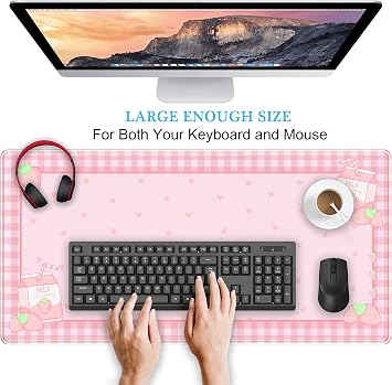Cute Pink Plaid Desk Mats Strawberry Milk Gaming Desk Pad, Kawaii Extended Mouse Pad Kawaii Large Keyboard Mats XXL, Laptop Mat for Desk, Desktop Mat Mousepad Office Decor for Women 31.5x15.75