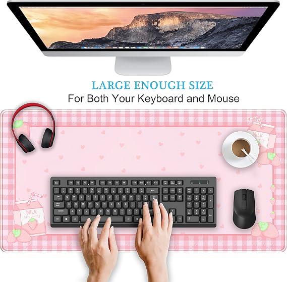 Cute Pink Plaid Desk Mats Strawberry Milk Gaming Desk Pad, Kawaii Extended Mouse Pad Kawaii Large Keyboard Mats XXL, Laptop Mat for Desk, Desktop Mat Mousepad Office Decor for Women 31.5x15.75