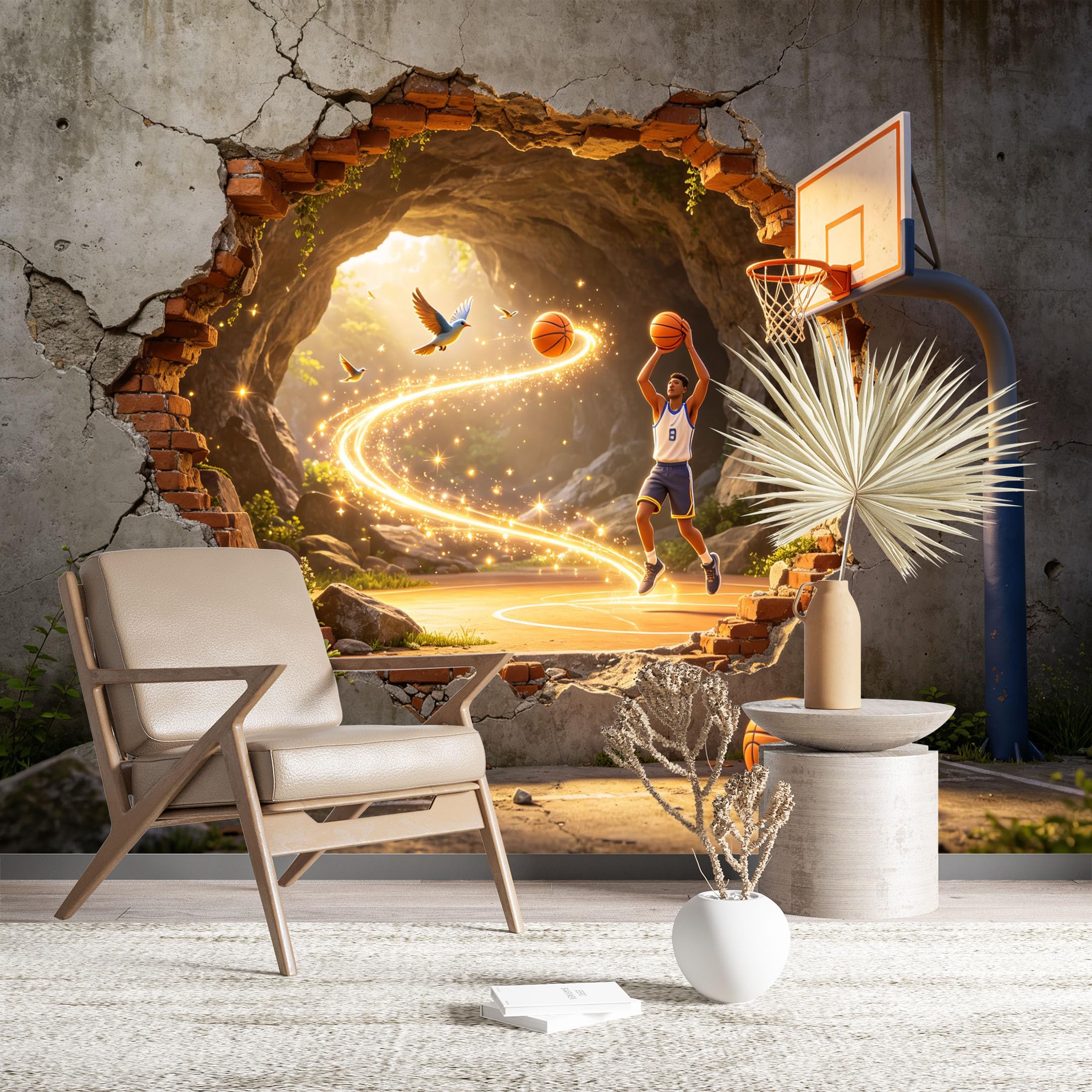 Custom Size Wall Murals Basketball Player Shooting Through Cracked Wall Large Photo Wallpaper Self-Adhesive Wall Fabric (NO PVC) Removable Wallpaper for Game Room