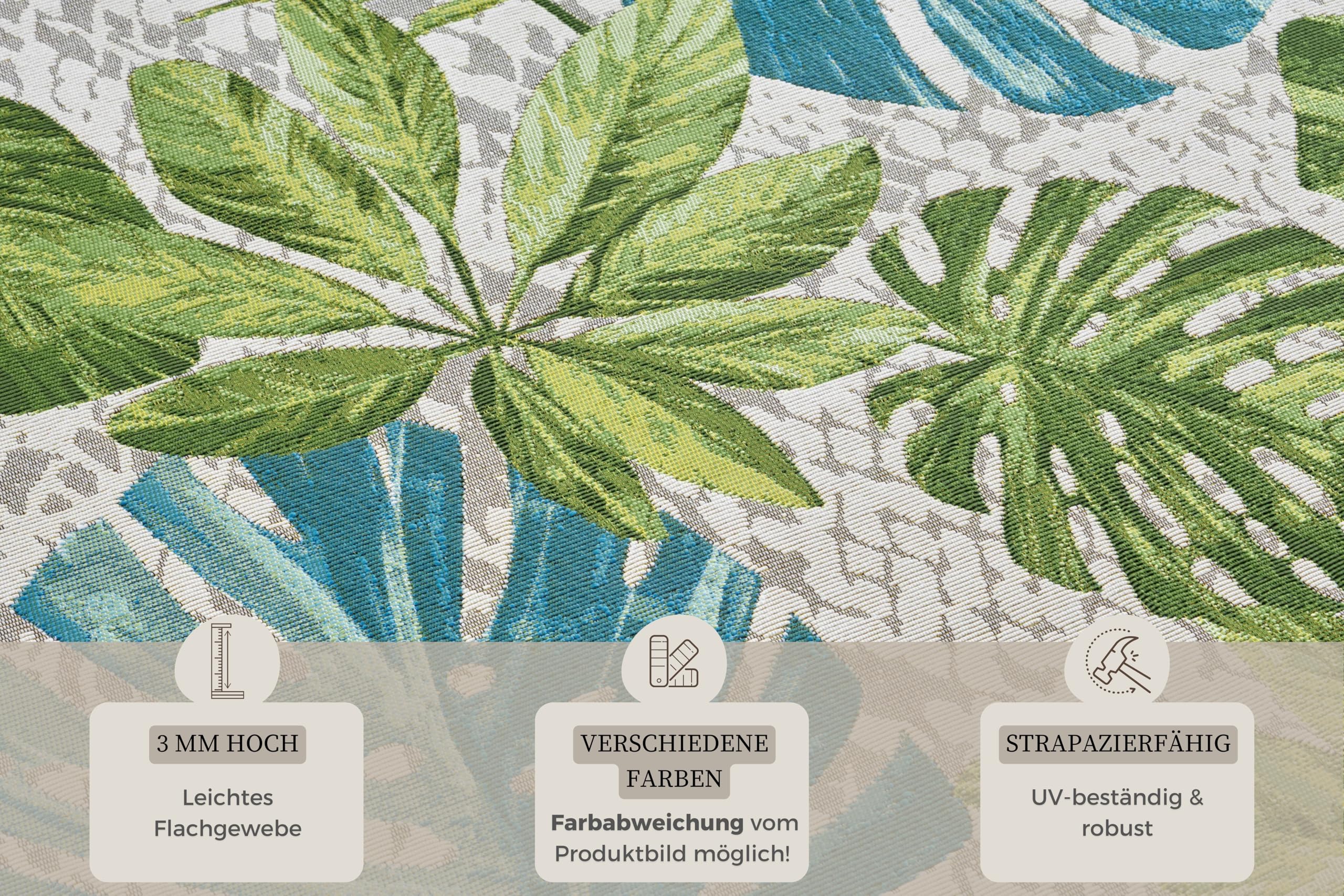 HANSE Home Tropical Leaves - Tappeto per interni ed esterni, in tessuto piatto, con foglie di palma, ecologico, resistente alle intemperie e ai raggi UV, per balcone, terrazza, giardino, turchese,