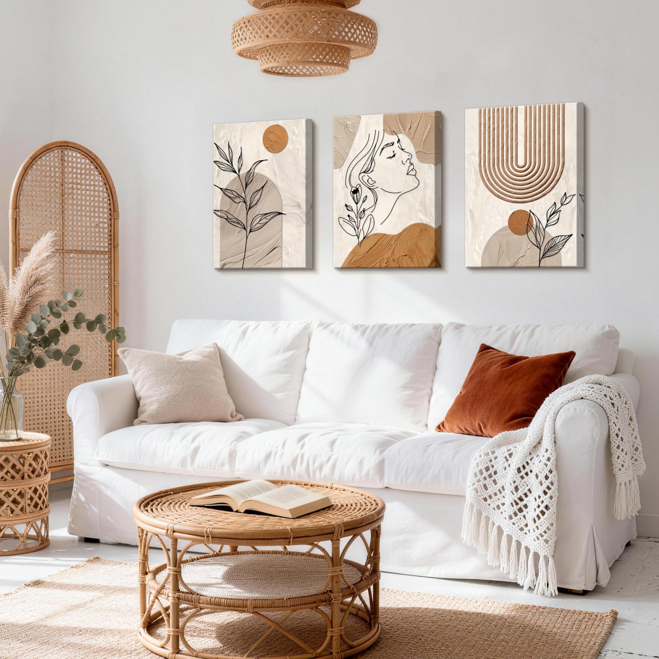 3 Pcs Wooden Framed Canvas Wall Art Set Bohemian Sage Green Canvas Prints Poster Geometric Line Beige Green Pictures for Living Room Bedroom Dinning Room Hallway Stairs Wall Decor 30x40cm x3pcs — view 387