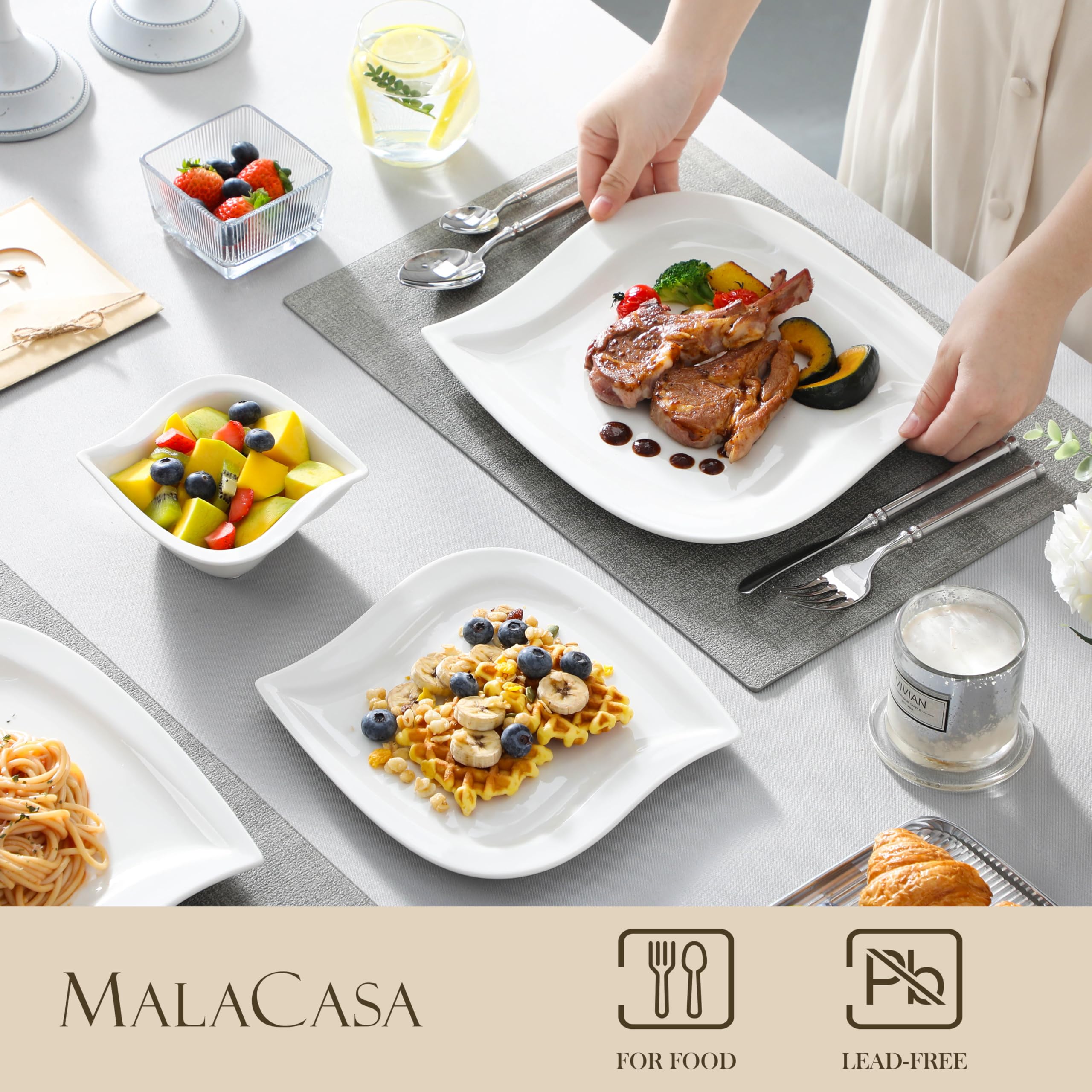 MALACASA Serie ELVIRA Servizio da Tavola per 6 Persone in Porcellana, Servizio di Piatti 18 Pezzi con 6 Piatti Piani da 26 cm, 6 Piatti da Dessert da 21 cm, 6 Ciotole da Zuppa da 240 ml, Colore Bianco