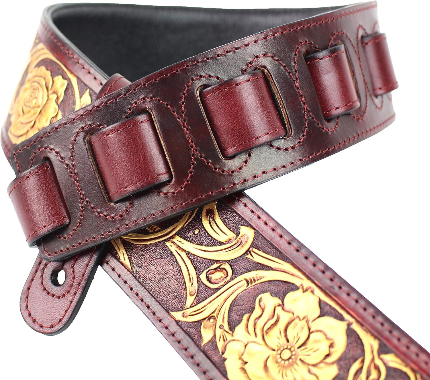 Walker And Williams LHR-18 Garnet Red Premium Thick Leather Guitar Strap With Bright Gold Floral Carving For Acoustic, Electric, And Bass Guitars