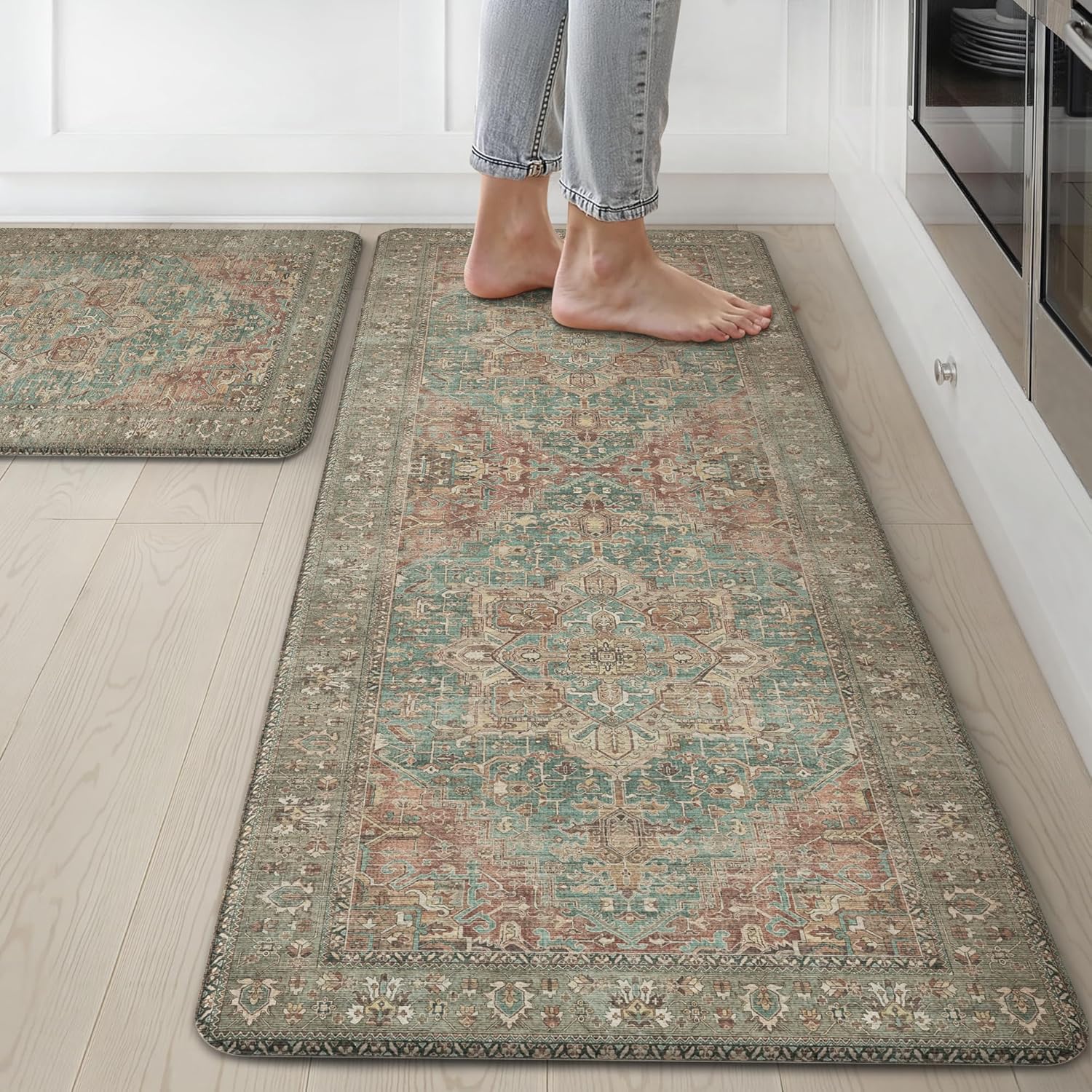 genimo kitchen mats for floor, 2pcs kitchen rugs non slip washable, waterproof anti fatigue mat, comfort standing runner rug for sink, office, laundry, home, 20\\\"x32\\\"+20\\\"x48\\\", red&brown red&brown 20\\\"x32\\\"+20\\\"x48\\\"