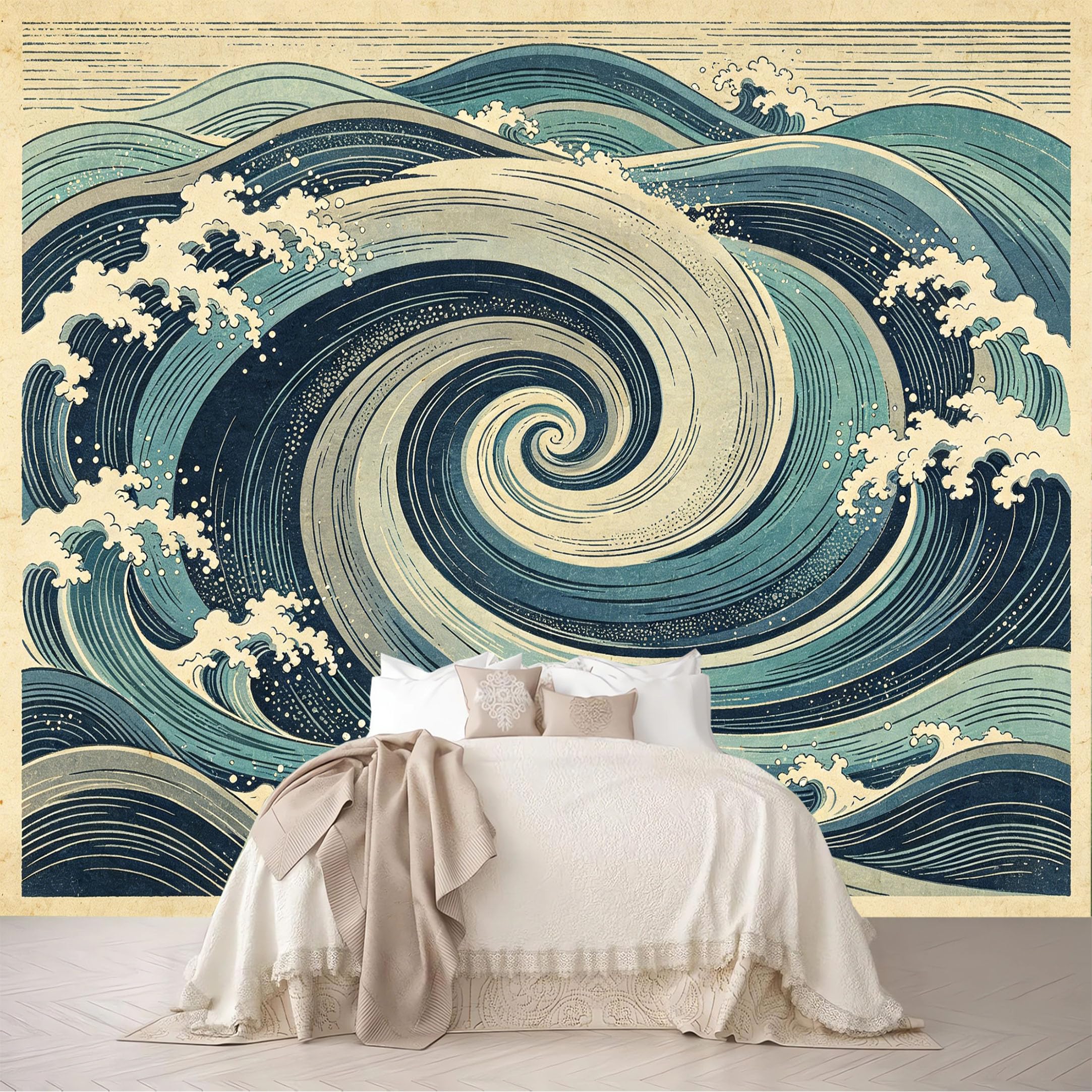 Dskjoviality Ab260706087 Custom Size Wall Murals Spiral Ocean Wave Vintage Woodblock Print Removable Self-Adhesive For Bedroom Living Room Dining Room