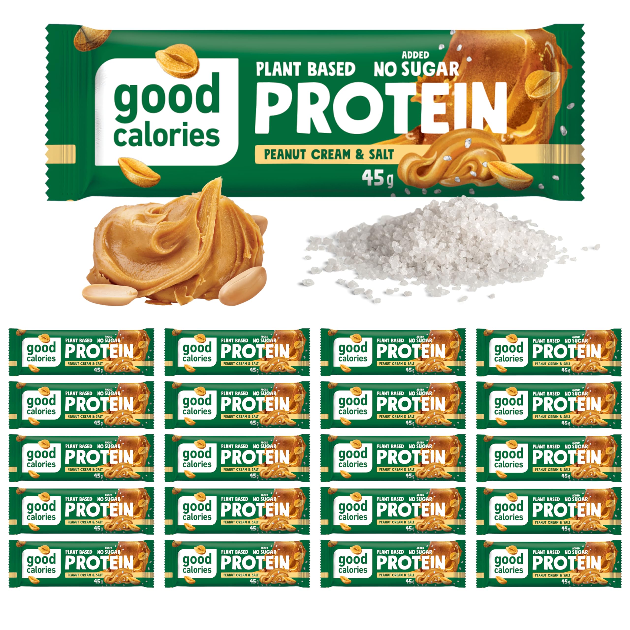 Good Calories - Proteinriegel Erdnusscreme & Salz - 20 x 45g - Natürlicher Veganer Eiweißriegel mit 24% Pflanzlichem Protein - Ohne Zuckerzusatz, Reich an Ballaststoffen, Perfekt als Snack