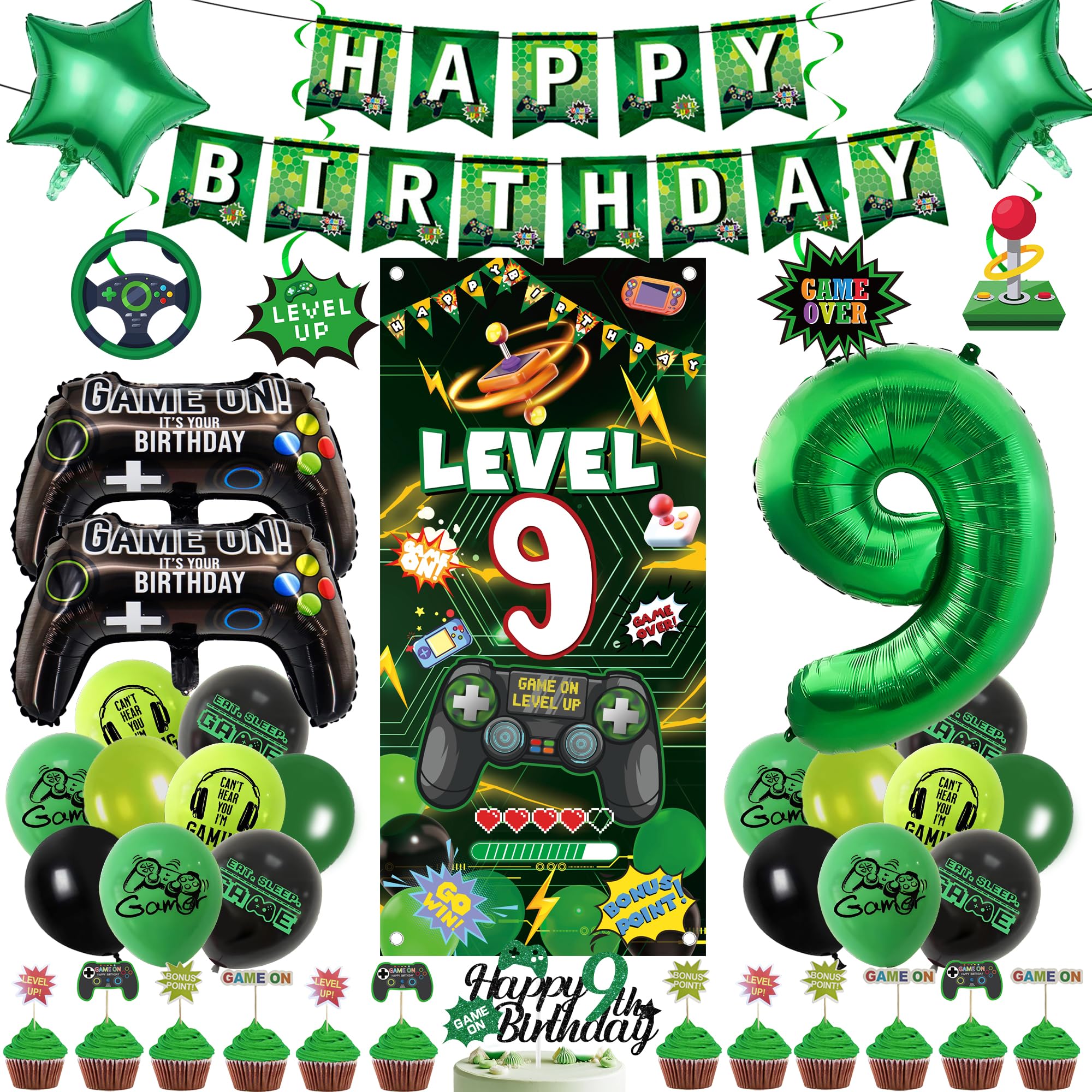 9th Birthday Decorations Video Game - 45 Pcs Green Gaming Birthday Decorations Including Banner, Number 9 Foil Balloon, Backdrop and Cake Toppers for 9 Years Old Party Supplies