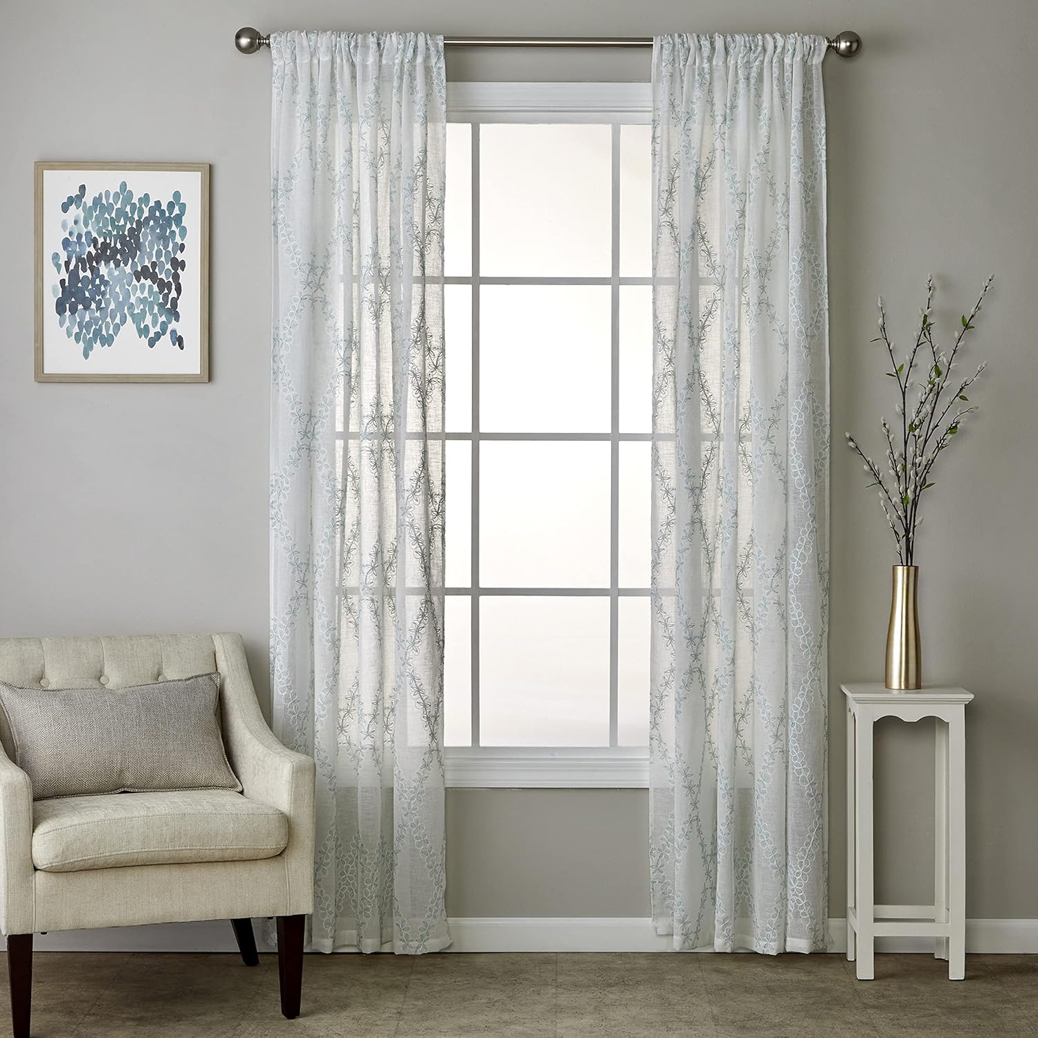 White Sheer Polyester Diamond Vine Rod Pocket Curtain Panel