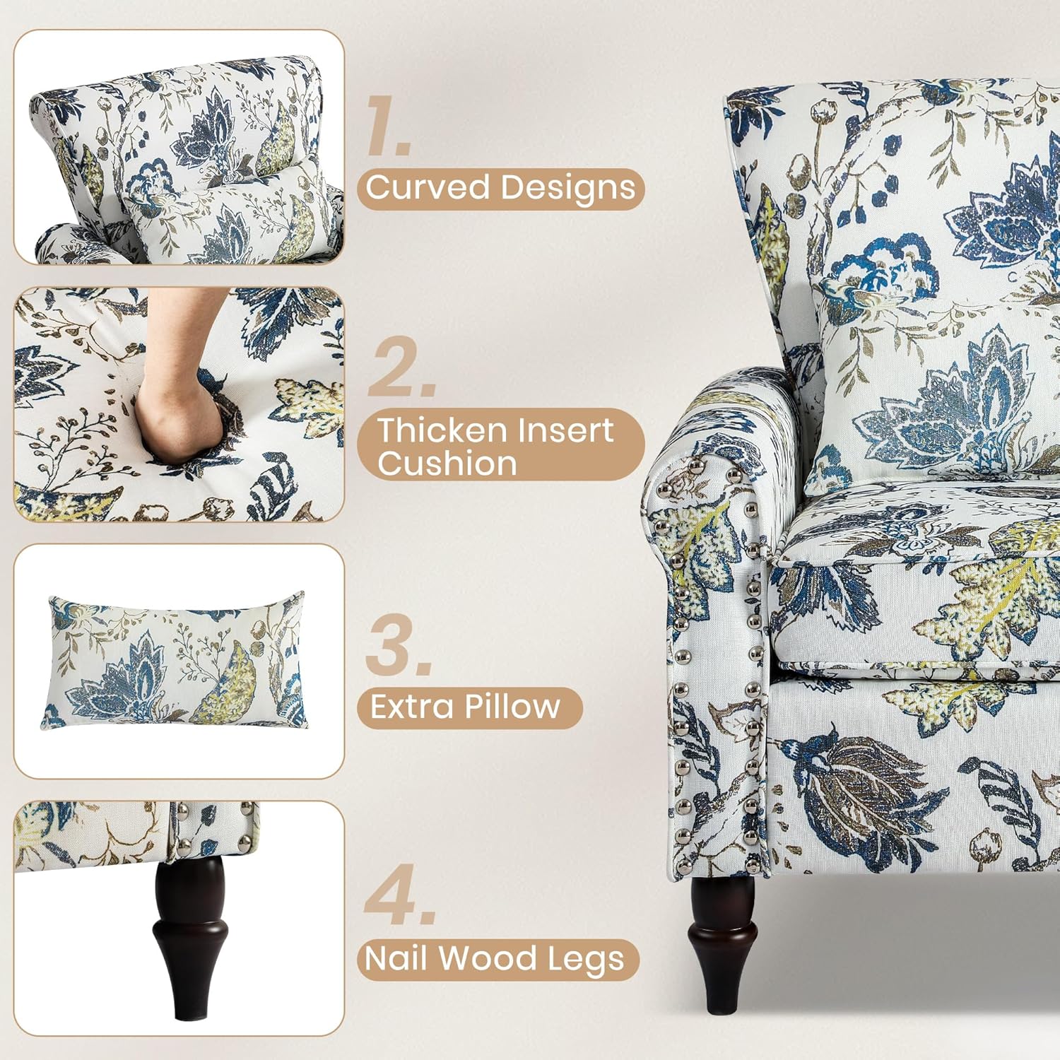 Wingback Accent Chair with Floral Pattern& Nailhead Trim, Comfy Reading Armchair with Removable Pillow and Solid Wood Legs, Vintage Fabric Lounge Chair for Living Room, Bedroom, Office, Small Spaces