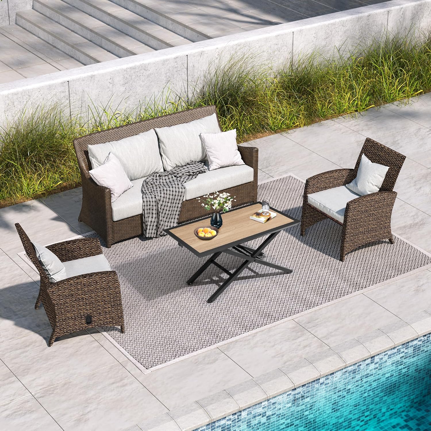 Patio Coffee Table Height Adjustable - Outdoor Coffee Side Table with Waterproof, Rust-Proof, Patio Table Rectangle Coffee Table with Wood Grain Table Top, Light Weight