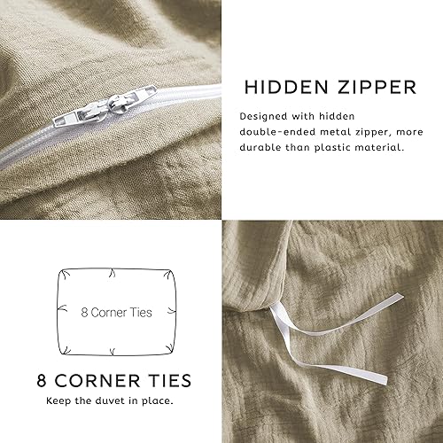 Miniatura 6 de SE SOFTEXLY Juego de funda de edredón de muselina tamaño Queen, 100% algodón lavado, ultra suave como el lino, funda minimalista de 3 piezas con 2