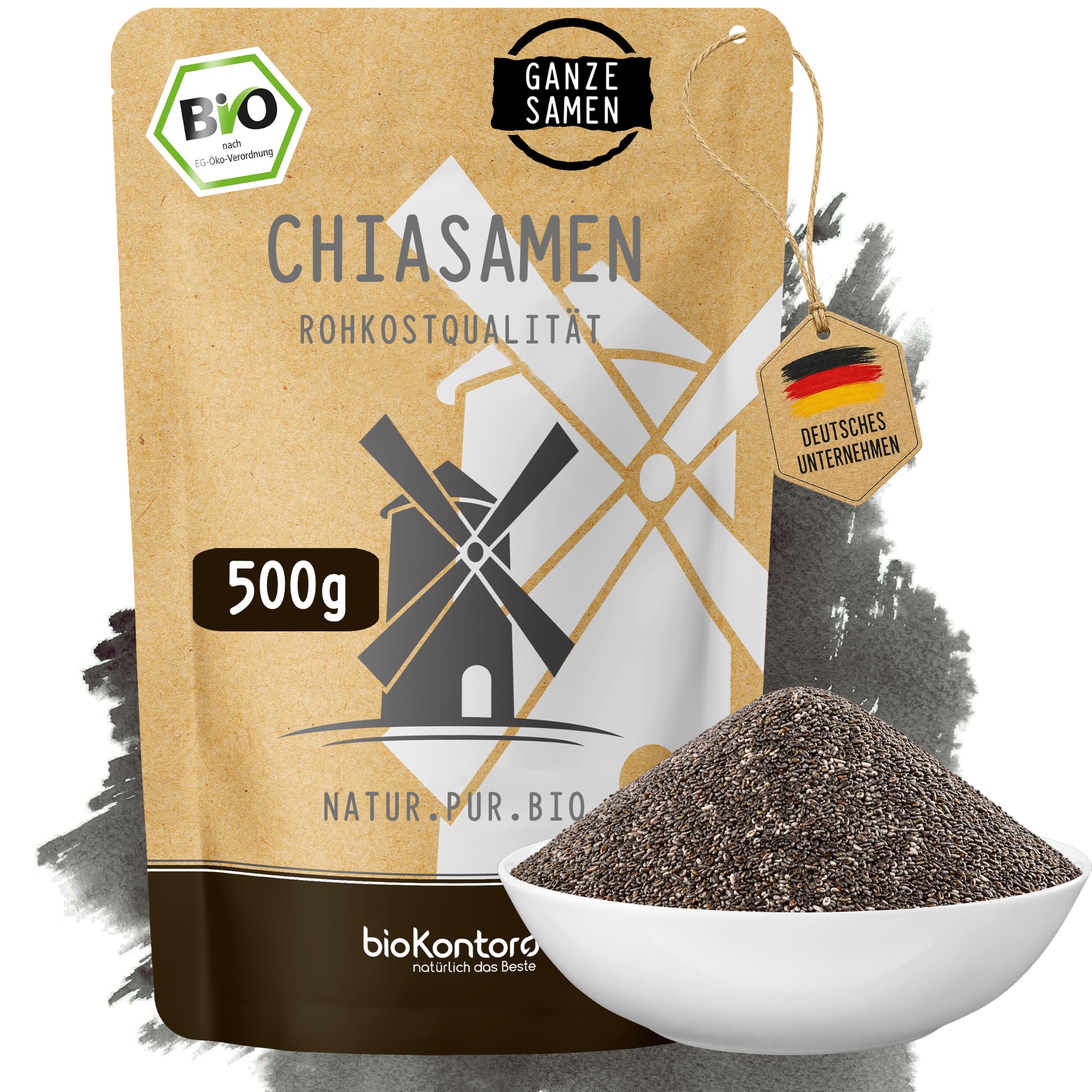 bioKontor – BIO Chiasamen 500g – Rohkostqualität – 100% naturbelassen | Chia Samen 500g – reich an Omega-3 & Ballaststoffen – vielseitig für Smoothies, Müsli, Chiapudding & Backen – Chia Seeds
