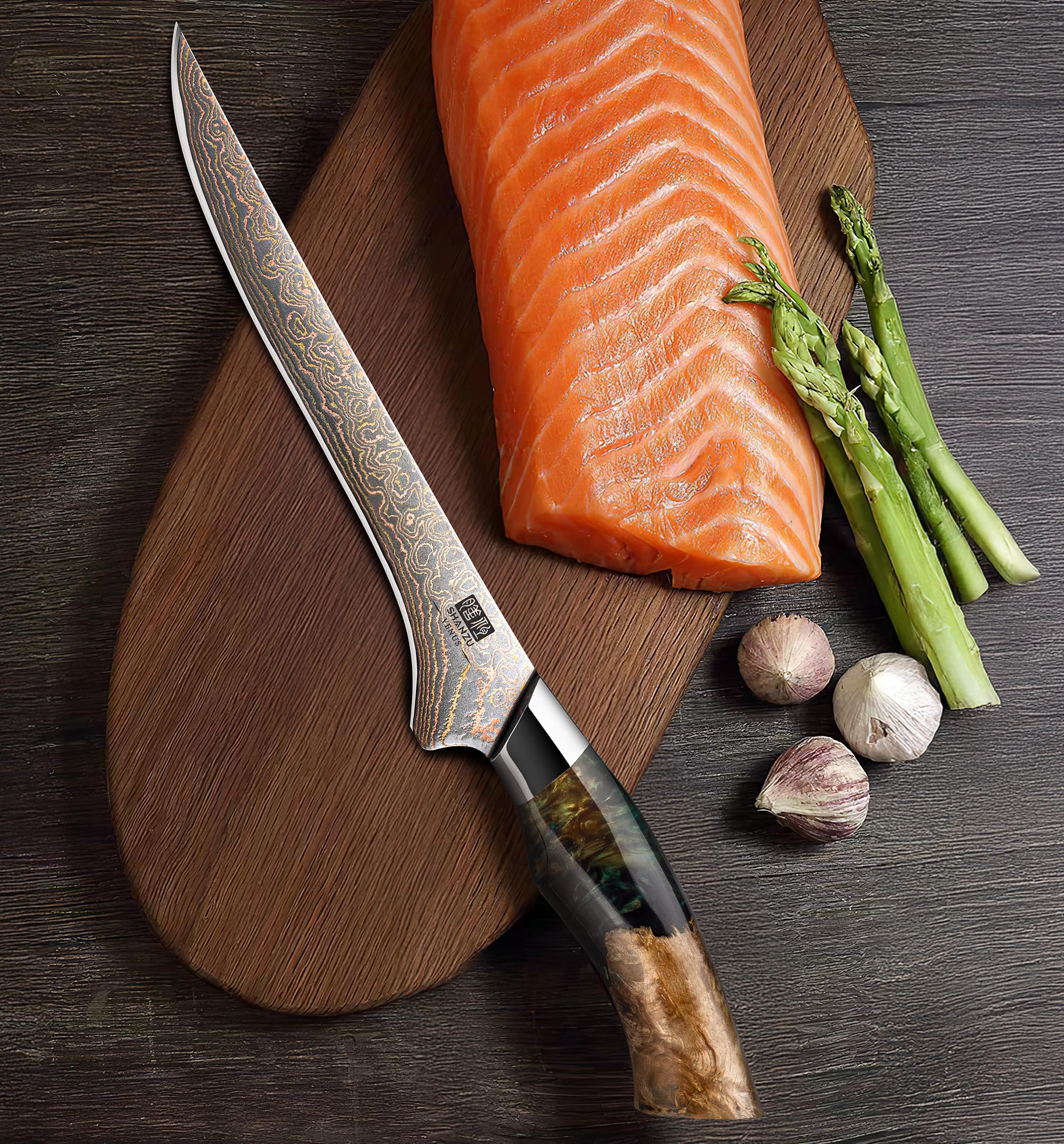 SHAN ZU Coltello per Sfilettare Pesce 18cm Acciaio Damasco e Rame, Disosso | Coltello da Cucina Giapponese 33 Strati 10Cr15MoV 7 Pollici, Lama Super Affilata, Manico in Legno di Acero