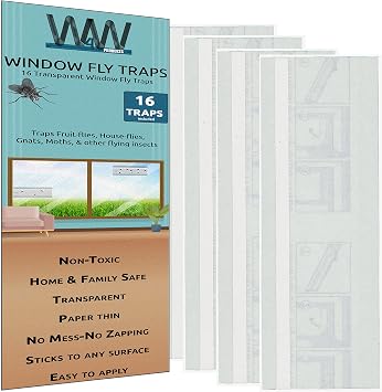 W4W Flies & Bug Window Fly Trap - Indoor / Outdoor Non Toxic Clear Window Fly Traps - 16 Pack