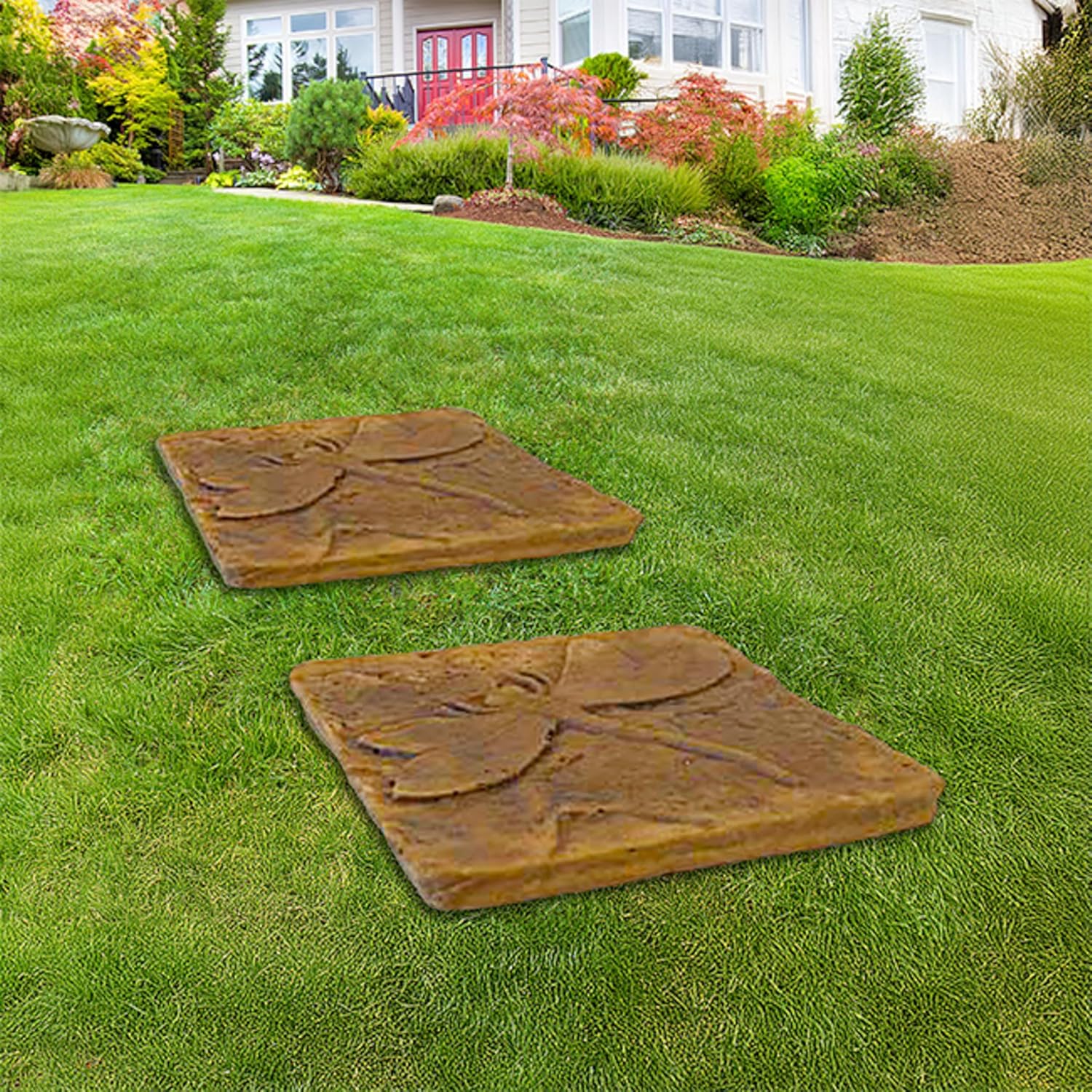 BestNest Athens Dragonfly Stepping Stones, Autumn Wheat, Pack of 2 – Durable Concrete Square Garden Pavers with Raised Dragonfly Design, Brown Tones, Weather-Resistant Outdoor Walkway Décor