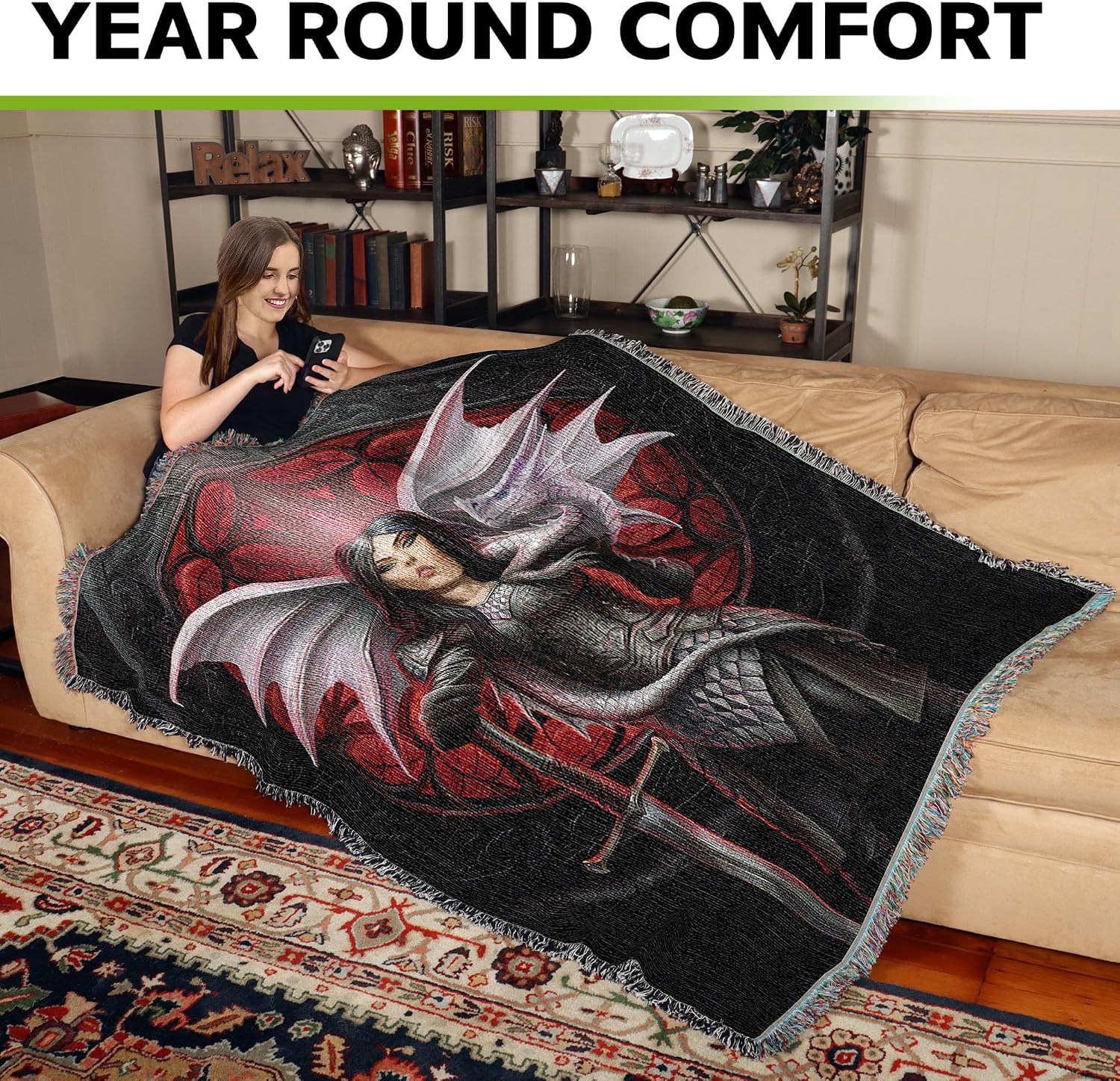 Pure Country Weavers Valour Dragon Woven Blanket by Anne Stokes - Fantasy Gift Cotton Tapestry Throw - Made in The USA - 72" x 54"