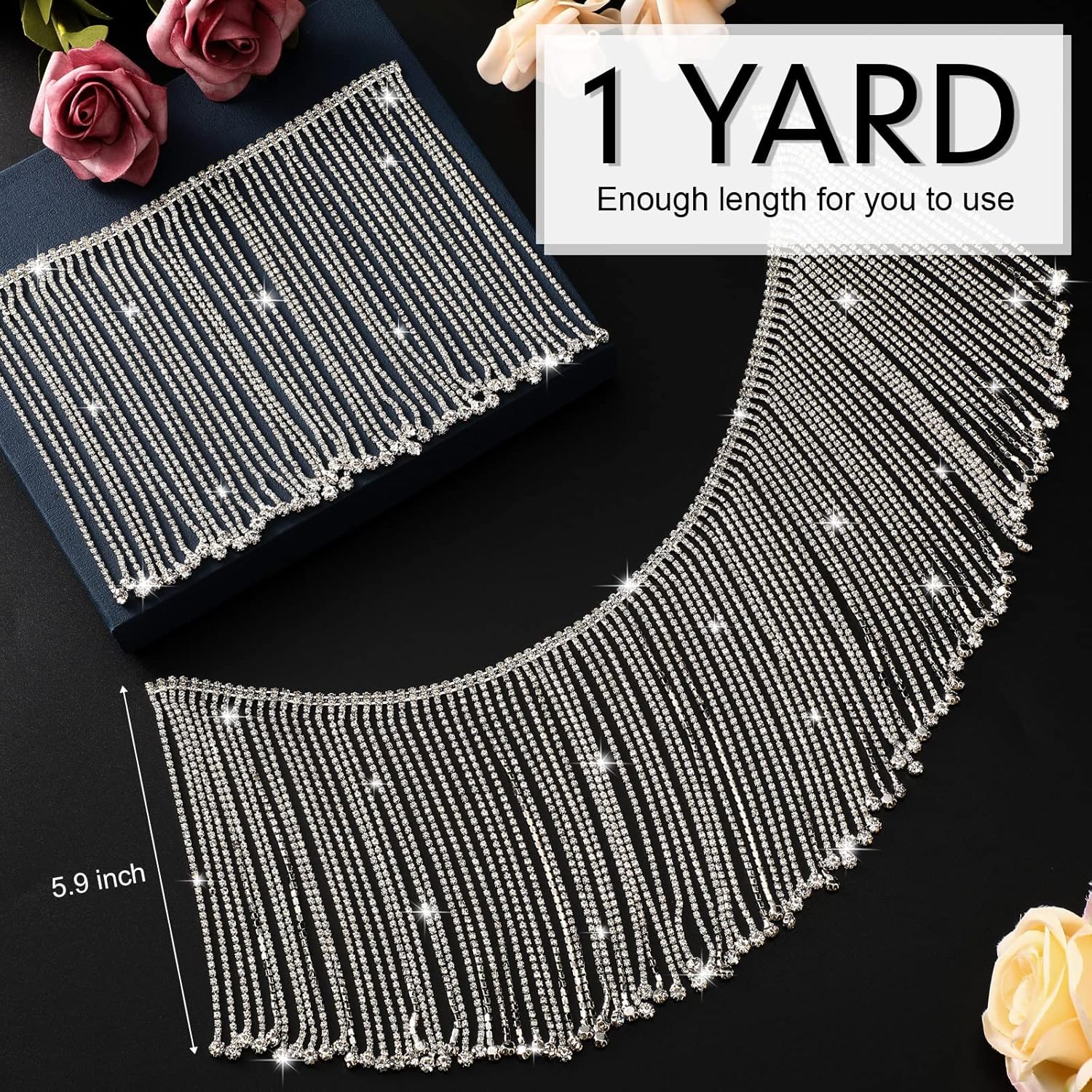 Rhinestone Fringe Trim Crystal Tassel Chain Diamond Fringe Beaded Fringe Ribbon Crystal Applique Trim for Sewing Crafts Wedding Bridal Dress Party DIY Decoration(1 Yard)