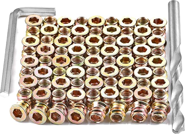 80 Pièces 1/4"-20 Inserts en bois Vis de meubles à boulon à fixation filetée en écrou Connecteur hexagonal Disque pour l'assortiment de meubles en bois (1/4"20 x 10mm)