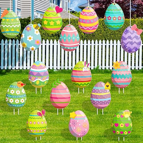 Whaline Kit de 16 adornos colgantes de huevo de Pascua y letrero de patio, decoración de césped al aire libre, letrero colorido de huevo de Pascua