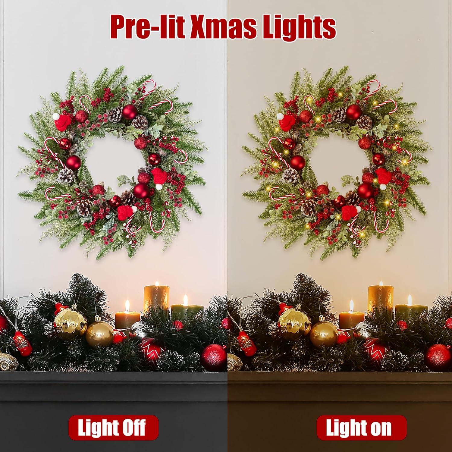 22’’ Artificial Christmas Wreath for Front Door with Red Balls Candy Canes Pine Needles Red Berries Pine Cones Christmas Decorations for Winter Wall Outdoor Home Holiday Xmas Decor - Image 6