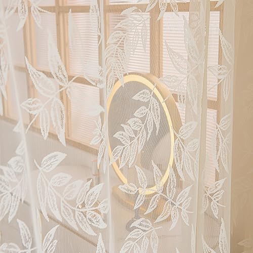 Miniatura 7 de Sutuo Home Cortinas de encaje marfil de 84 pulgadas de largo, cortinas traslúcidas con bordado de hojas para ventana, par de cortinas de punto,