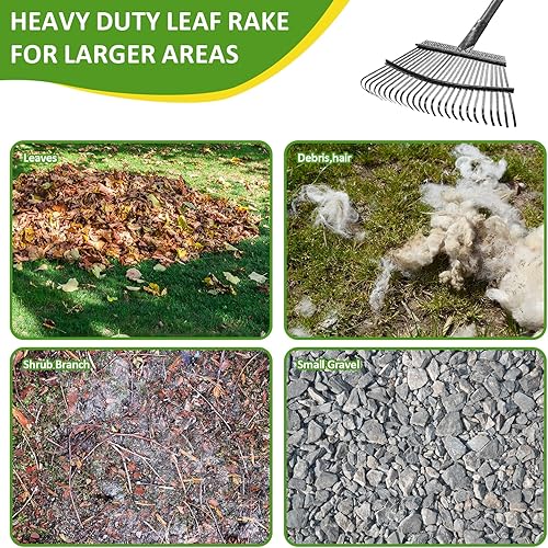 Miniatura 8 de Juego de rastrillo de hojas de jardín con 25 dientes, rastrillo de metal resistente para hojas (ajustable de 73 pulgadas de largo, 18 pulgadas de