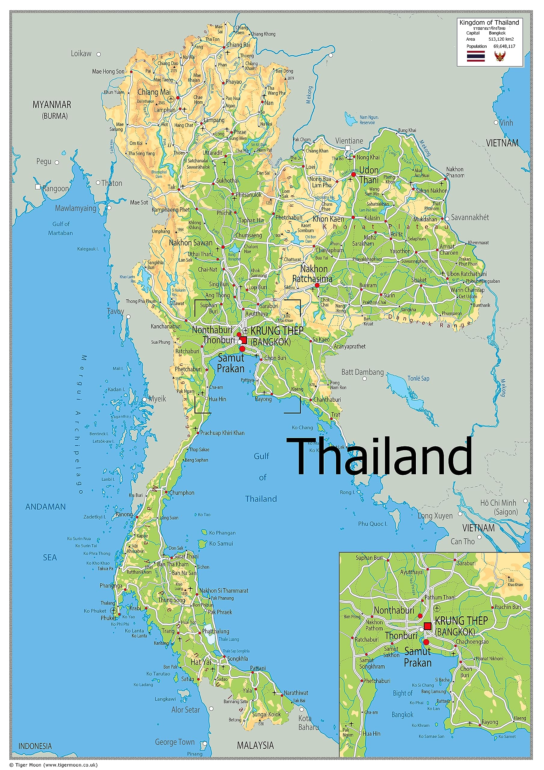 Physical Map of Thailand - The Oxford Collection - Size A1 - Paper Laminated
