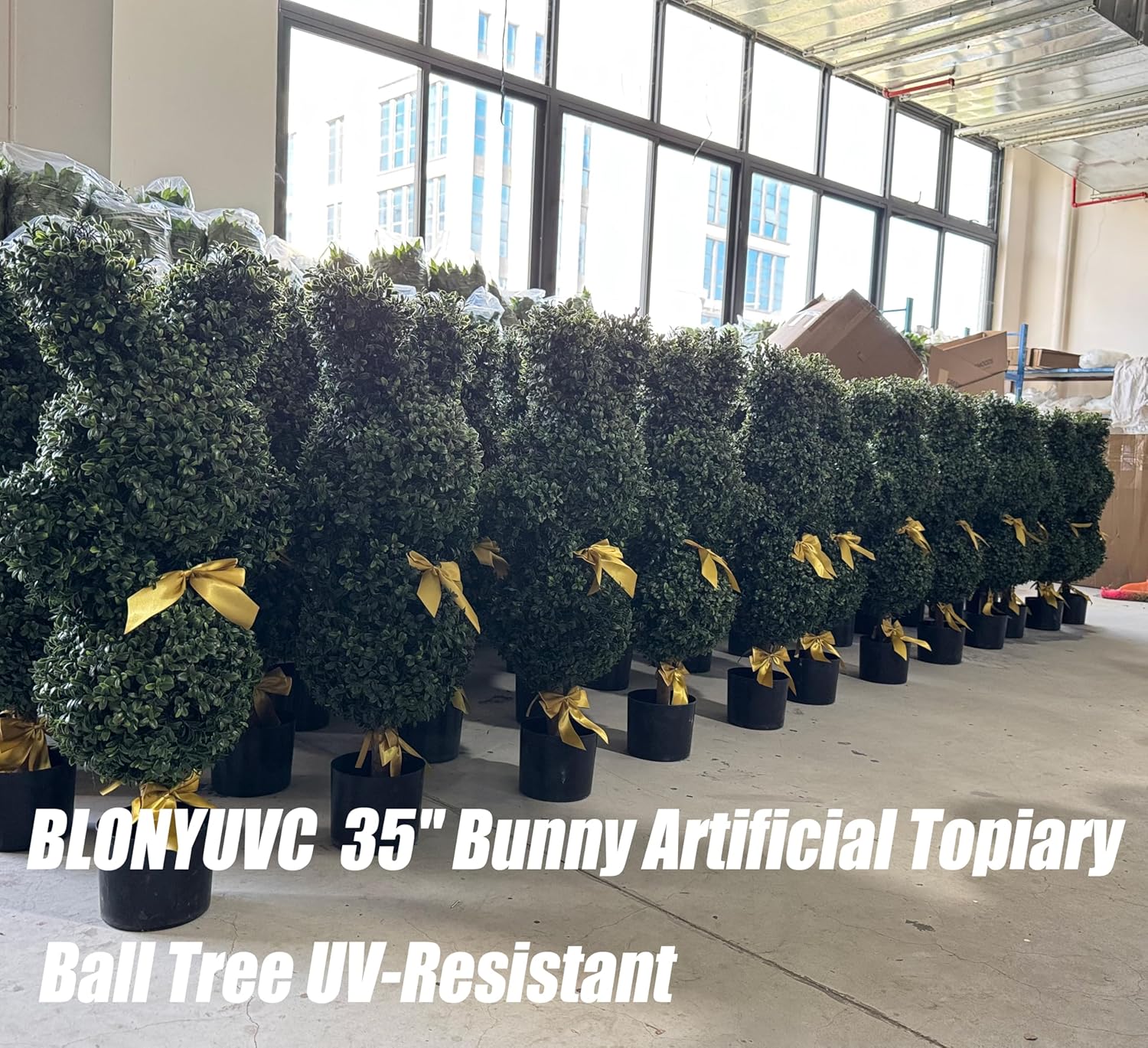 Easter Bunny Topiary 36'' Artificial Bunny-Shaped Topiary Double Ball Tree Pot Easter UV-Resistant Bowknot Faux Boxwood Topiaries Plant for Porch Decor Outdoor/Indoor 2 Pack
