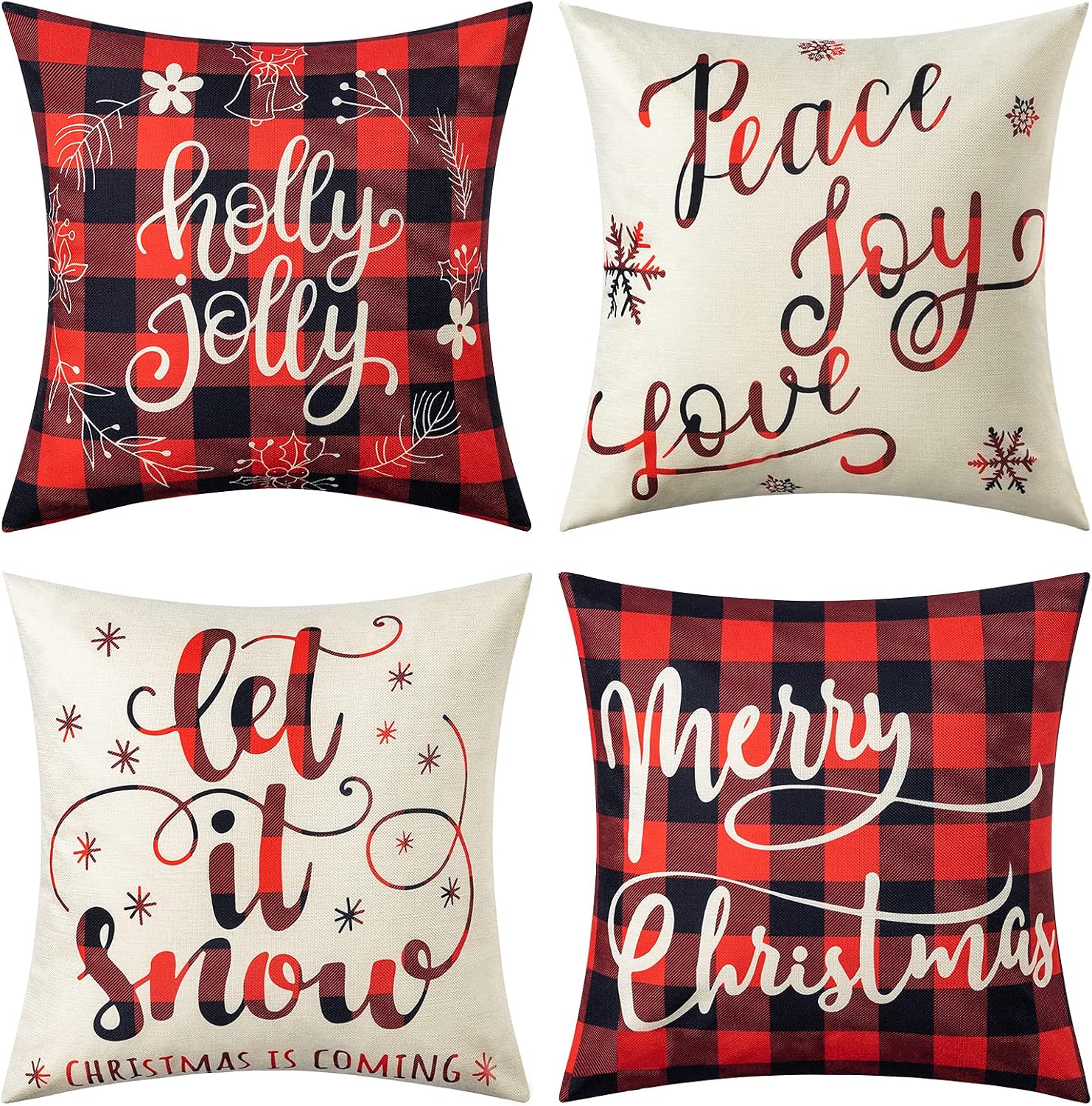 joybest Christmas Throw Pillow Covers, 18x18 Cotton Linen Red and Black Buffalo Plaid Pillow Covers Holiday Rustic Linen Pillow Case for for Home Christmas Decorations(4 Pack)