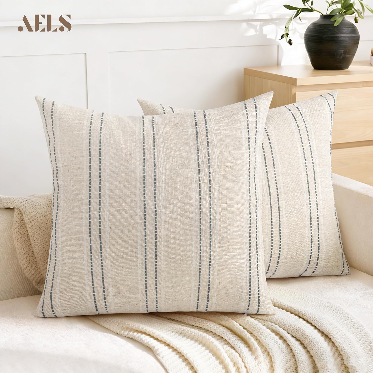 AELS 24x24 Decorative Farmhouse Linen Throw Pillow Covers, Boho Textured Pillow Case, Set of 2, Beige with White & Gray Stitch Yarn Dyed Stripe Cushion Cover for Sofa Couch Living Room (Cover ONLY) - Image 5