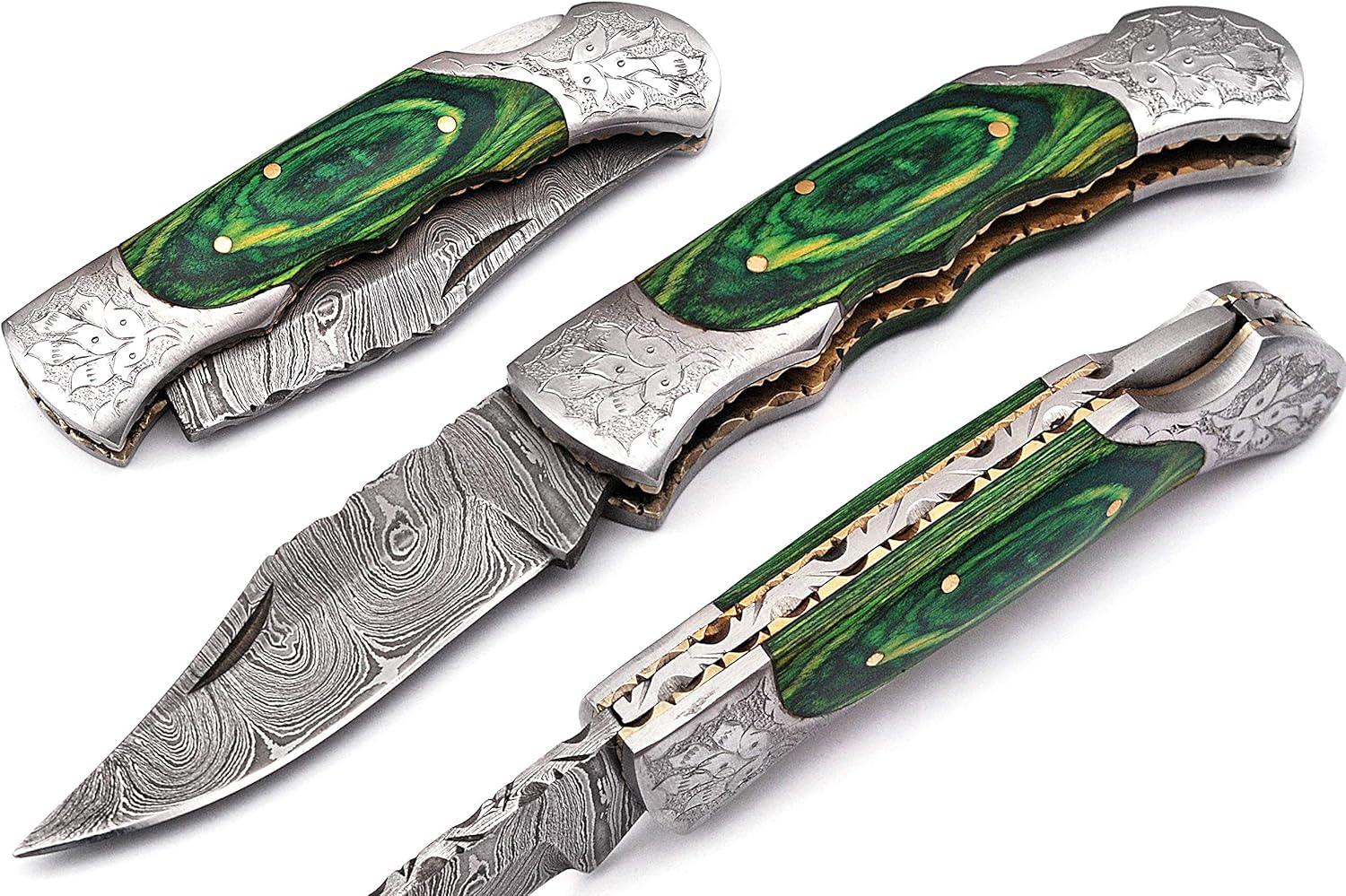 Hand made Damascus steel blade Pocket knife with leather sheath 5170 Green, knives for men best gift (Green)