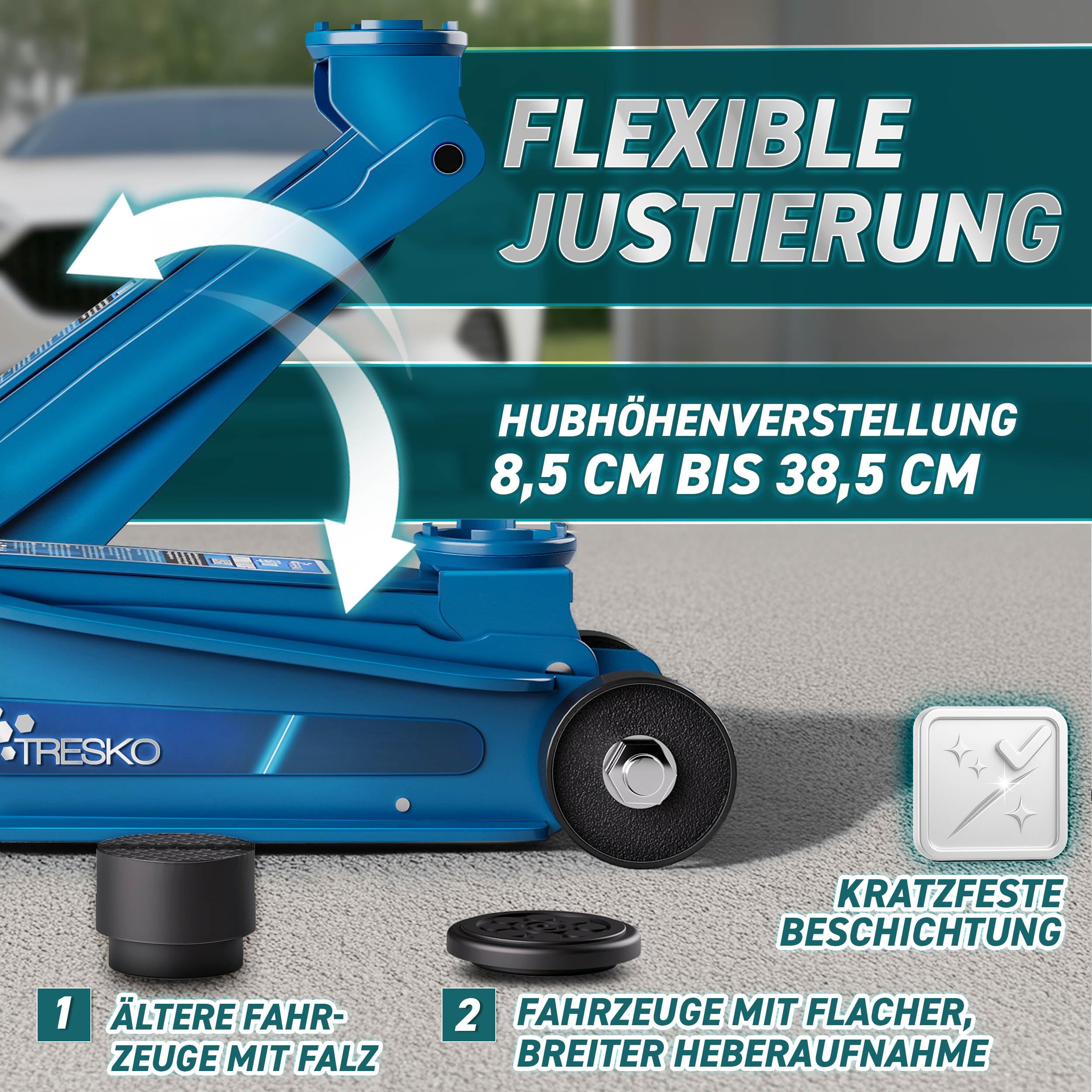 TRESKO® Wagenheber hydraulisch 2,5T Hubhöhe 85-385mm mit Koffer | Hydraulik KFZ Rangierwagenheber flach für tiefergelegte Autos - 360° Rollen inkl. 2X Gummiauflage, Kniematte, Handschuhe, Profilmesser