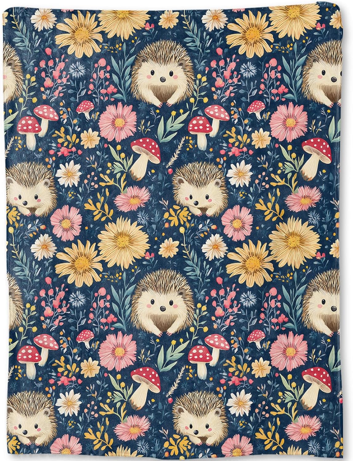 Hedgehog Blanket - Cute Floral and Mushroom Fleece Throw,Gifts for Kids Adult, Soft & Warm,Lightweight, for Modern Rustic Whimsical Decor, Animal Lovers, and Room Home Accents 50x60in