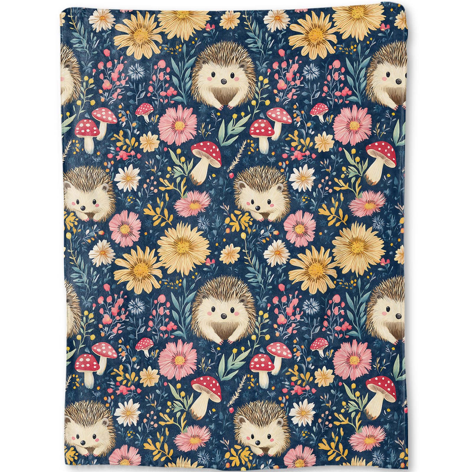 ainori Hedgehog Blanket - Cute Floral and Mushroom Fleece Throw,Gifts for Kids Adult, Soft & Warm,Lightweight, for Modern Rustic Whimsical Decor,
