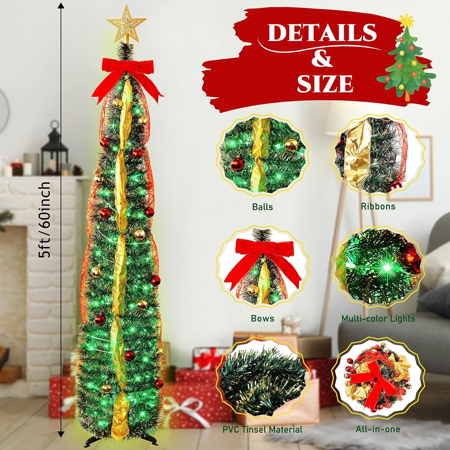 5Ft Prelit Tinsel Pop Up Christmas Tree with Ornament,Fully Decorated Collapsible Pencil Christmas Tree with DIY Multicolor Pink Lights Modes,App-Controlled Xmas Trees for Easter Holiday Home Decor