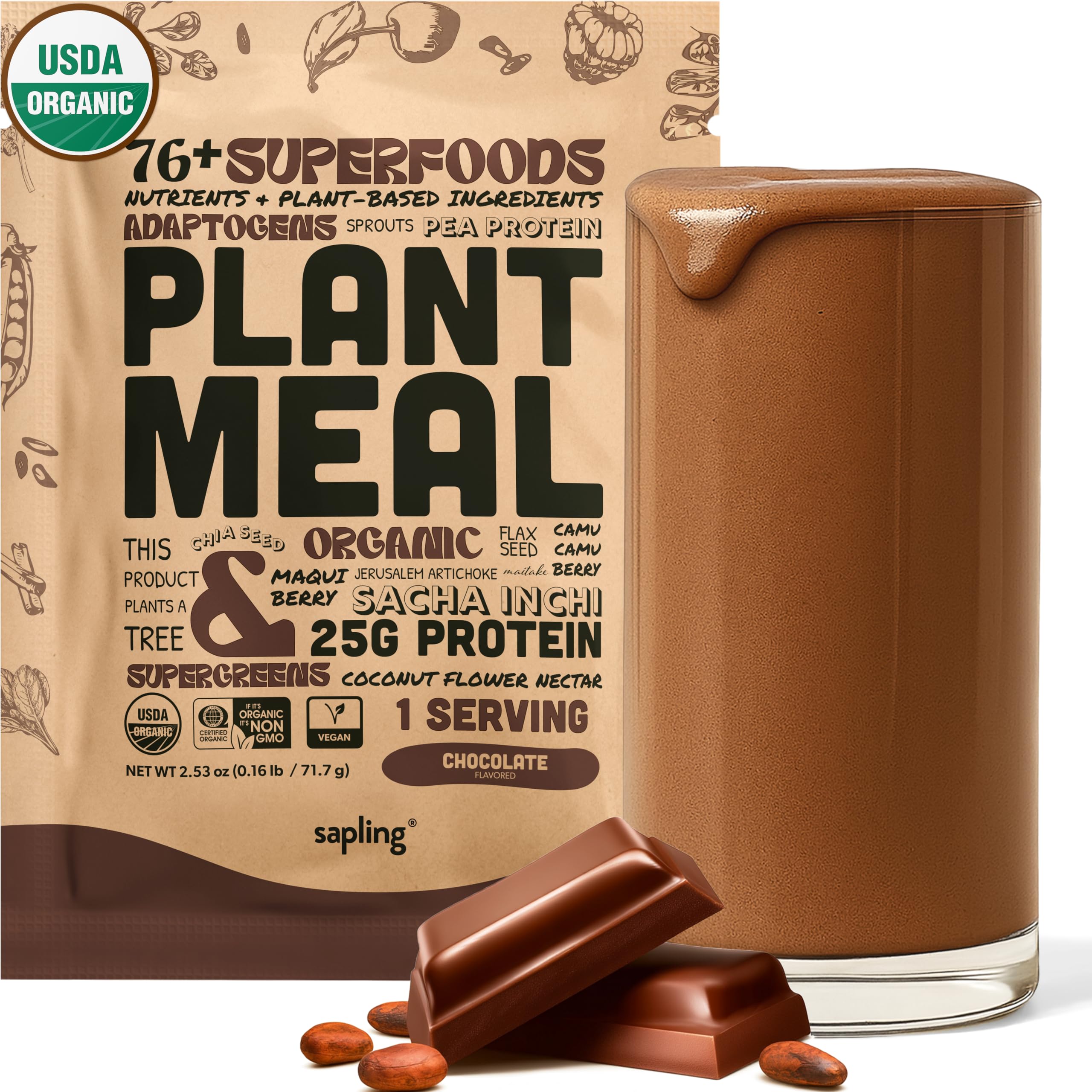 Plant Meal Replacement Shake - Chocolate - 25g of Plant Based Vegan Protein Powder, 76+ Organic Superfoods, Vitamins & Minerals, Mushrooms, Super Greens, Digestive Enzymes & Probiotics - 1 Serving
