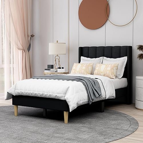AGARTT Base de cama tapizada tamaño individual con cabecero y estribo, soporte de listones de madera, no necesita somier, fácil montaje, lino negro