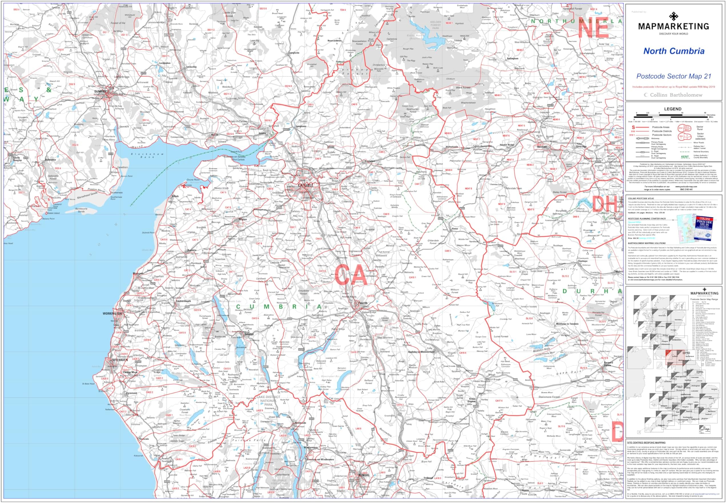 North Cumbria - Postcode Sector Map 21 - Wall Map With Motorway, A' Roads, B' Roads, City Plans, Area, District, Sectors Size: 73 x 107 cm (29 x 42 inches) Scale: 1:150,000- Laminated Wall Map