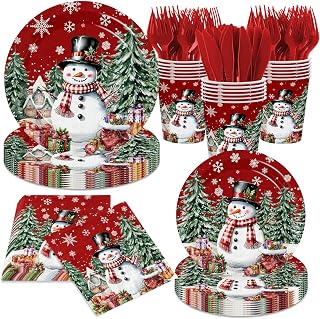Vintage Christmas Decorations Tableware,144pcs Snowman Christmas Plates and Napkins Disposable Retro Snowman Xmas Tree for Winter Holiday Party Decorations