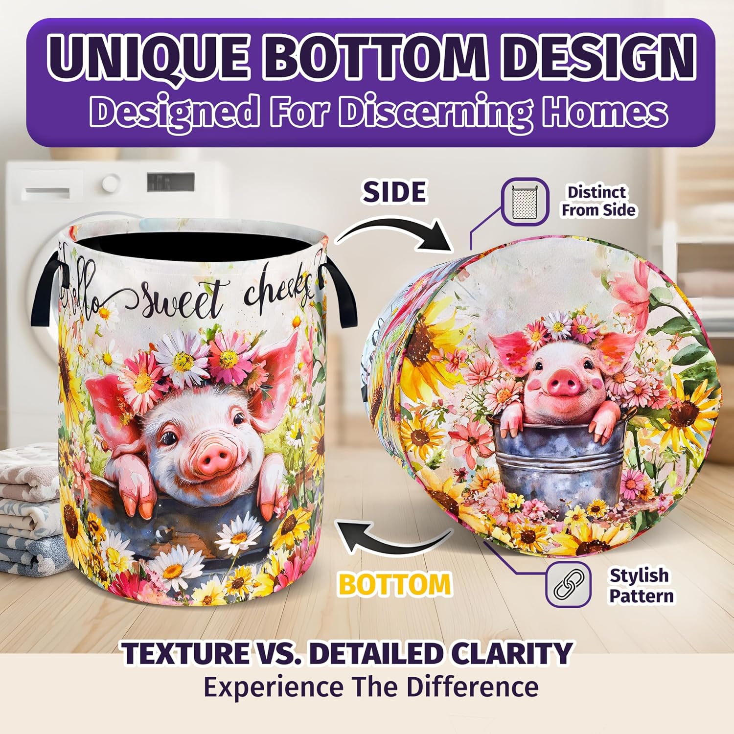 Cute Pig Laundry Basket Round Oxford Cloth Foldable Hamper 18.9 X 16.5In | "Hello Sweet Cheeks" Floral Clothes Bag With Handles Collapsible Waterproof Storage Bin For RV/Bathroom/Dorm Holds 30+ Shirts