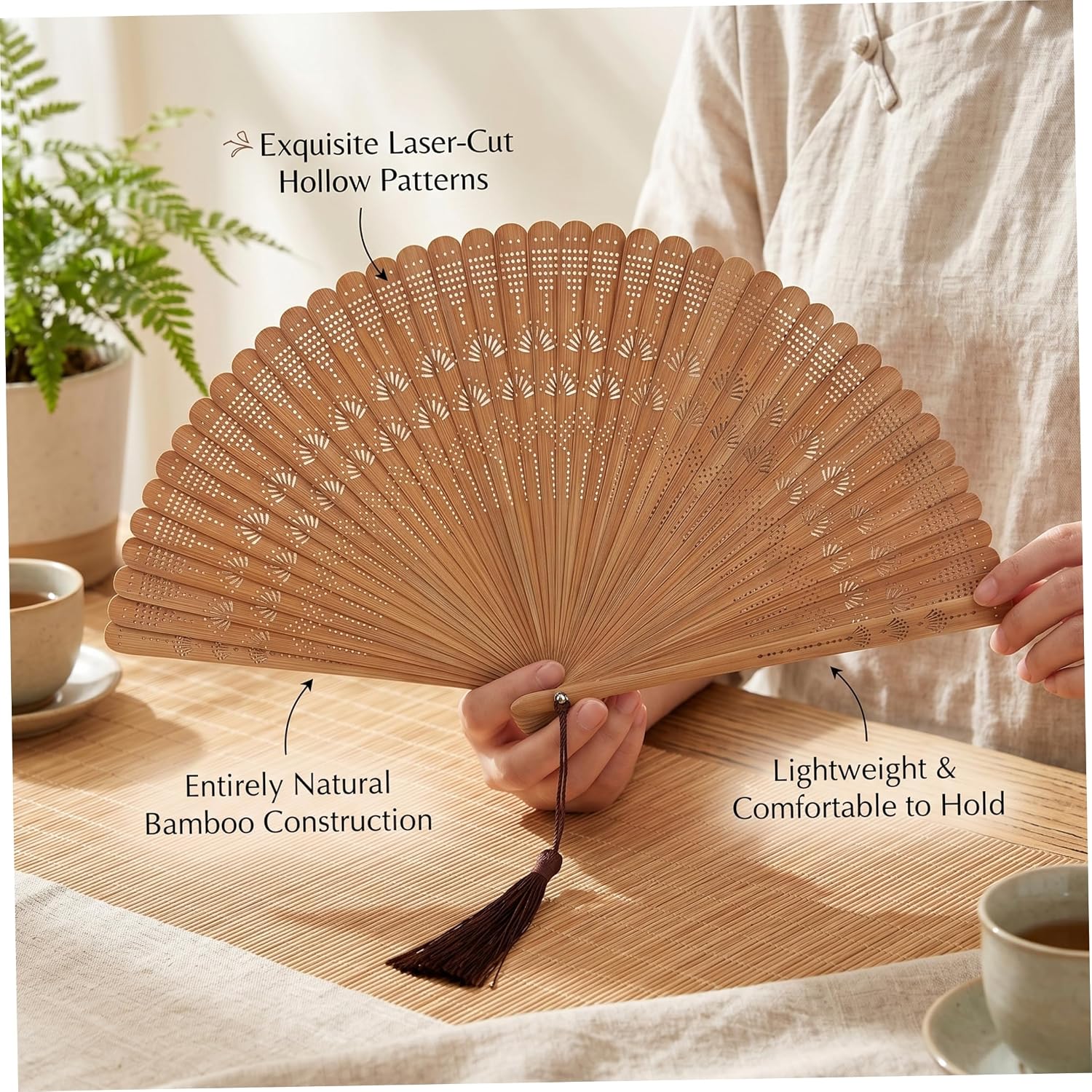Bamboo Fan, Chinese Style Decorative Foldable Fan for Performance, Photography, Summer Outdoor, 12 Inch, Light Brown