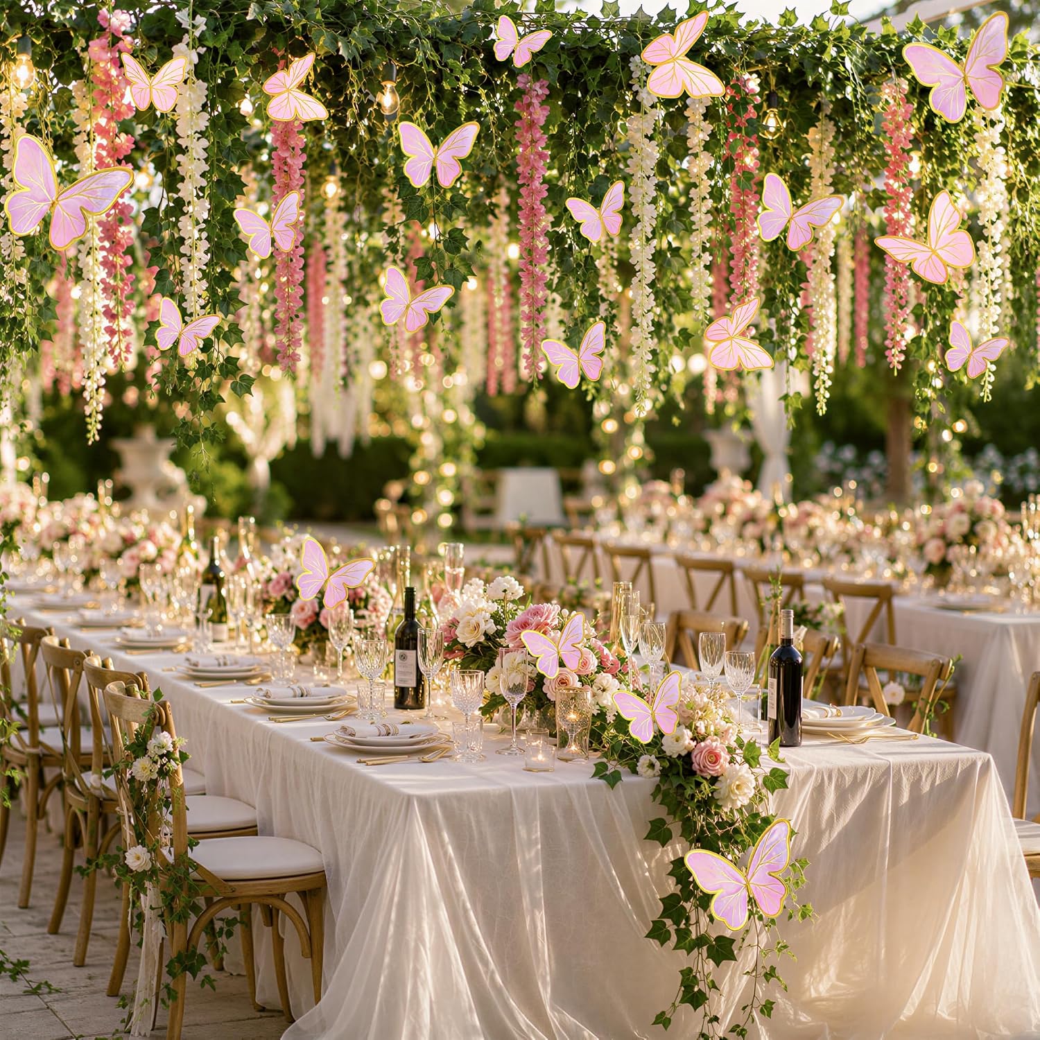 Vexillum 76 Pcs Fairy Garden Party Decorations Set, Hanging Artificial Wisteria Flower Garland, Ivy Vines, Butterfly Decor, Invitation Card, Reusable Decor for Birthday, Wedding Party, Baby Shower